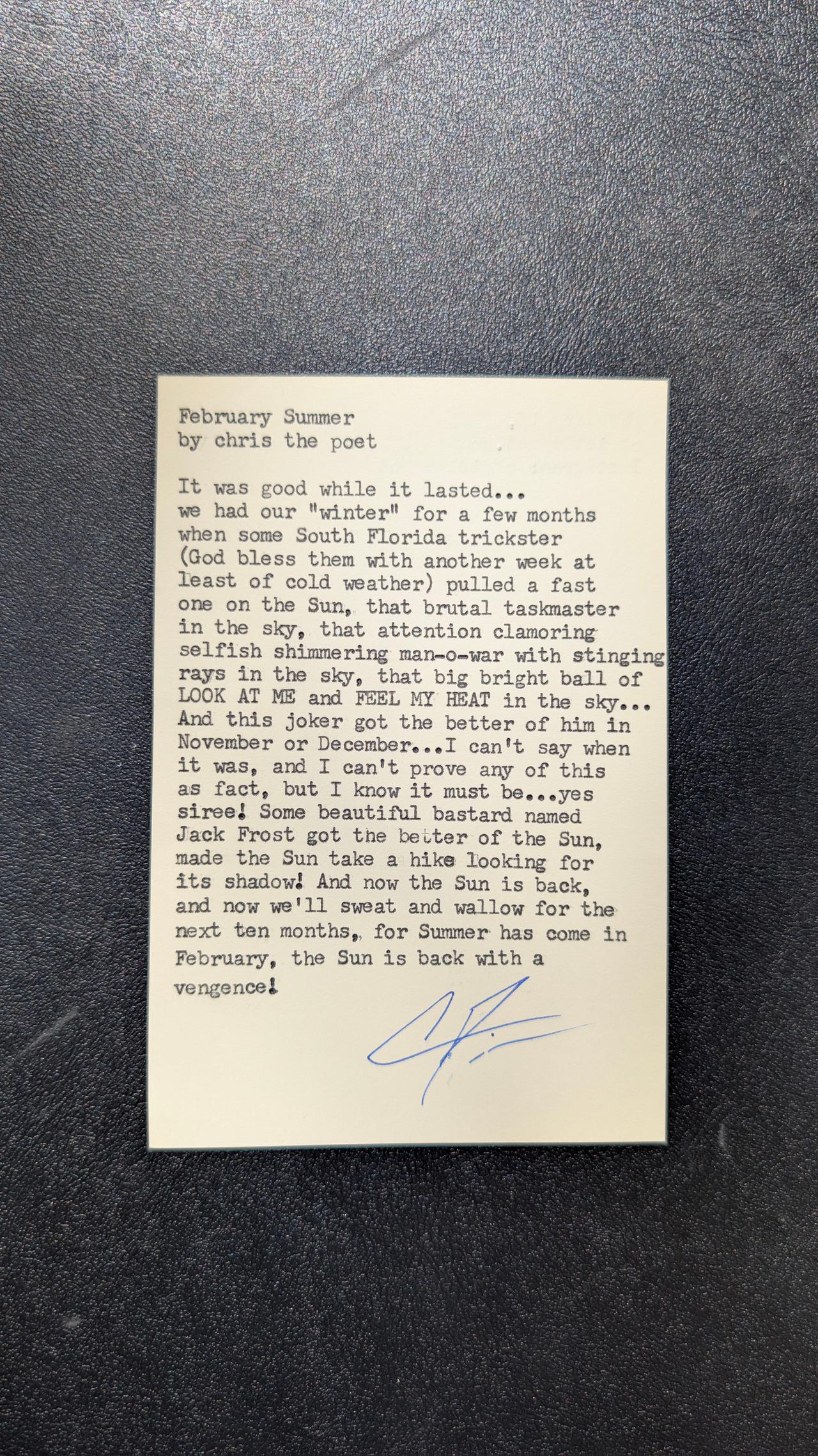 Original typewritten poem February Summer by Chris the Poet