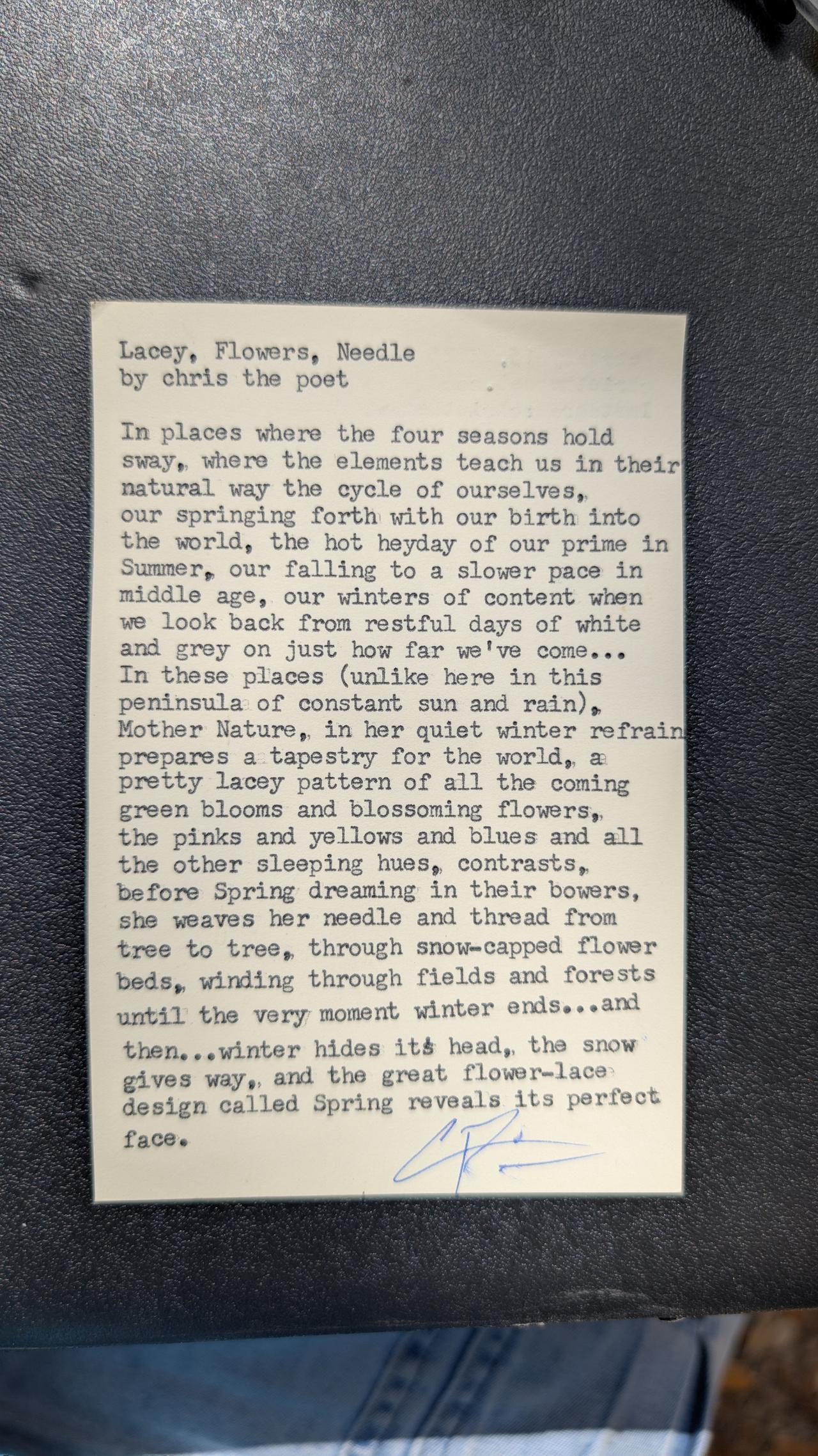 Original typewritten poem Lacey, Flowers, Needle by Chris the Poet