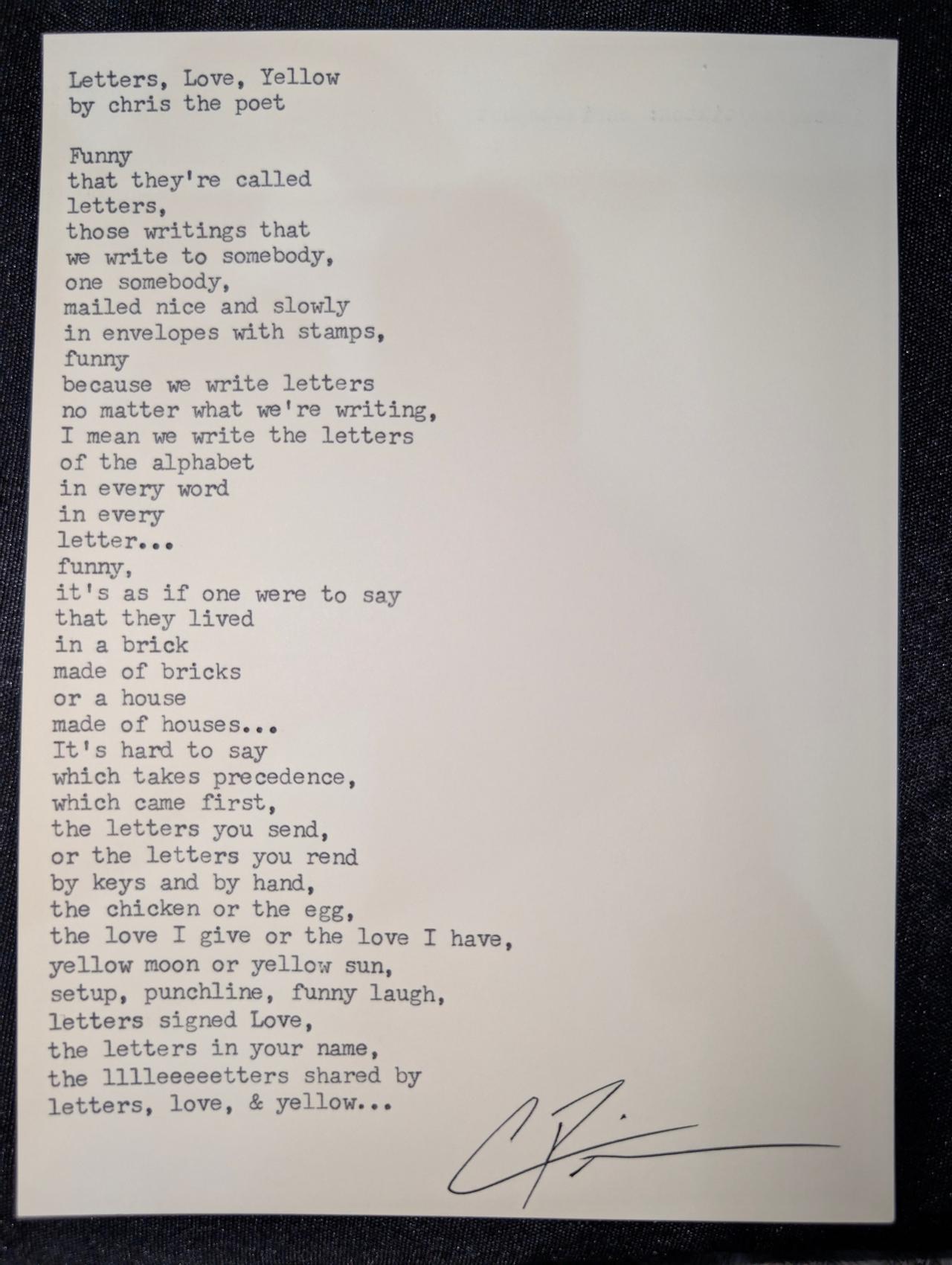 Original typewritten poem Letters, Love, Yellow by Chris the Poet