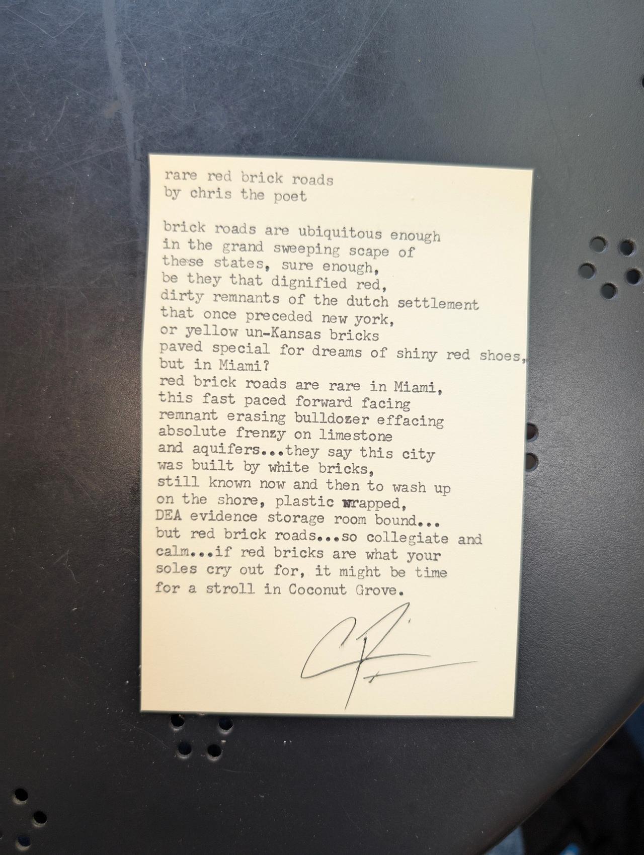 Original typewritten poem rare red brick roads by Chris the Poet