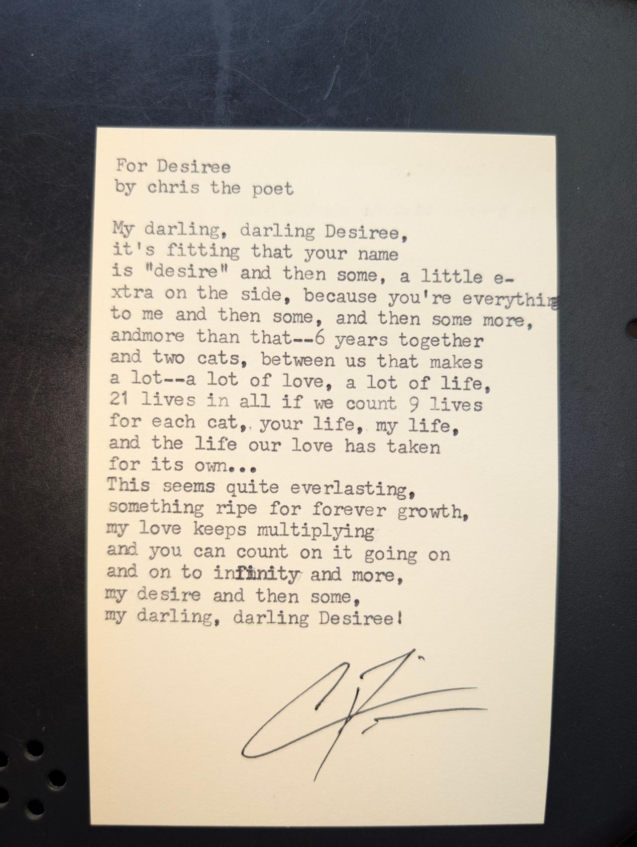 Original typewritten poem For Desiree by Chris the Poet