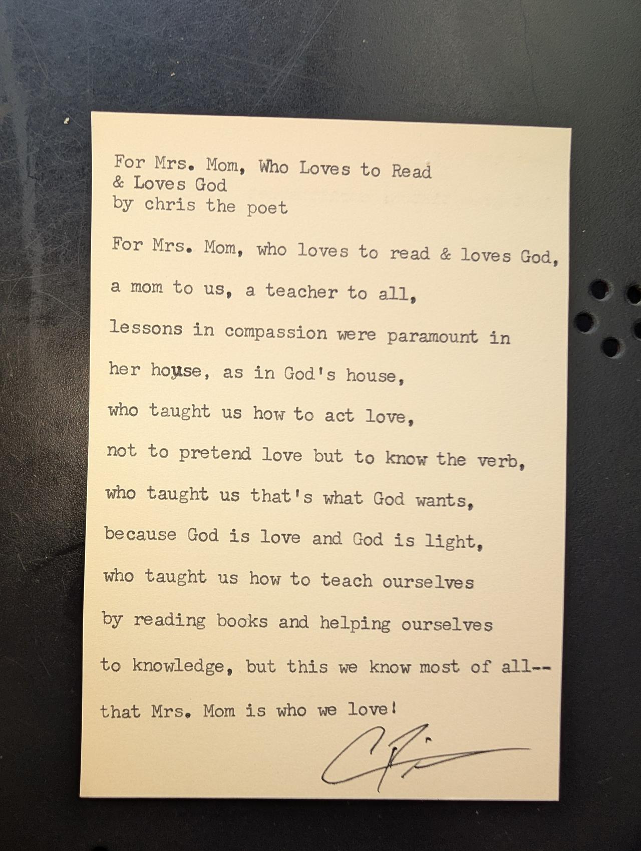Original typewritten poem For Mrs. Mom, Who Loves to Read & Loves God by Chris the Poet