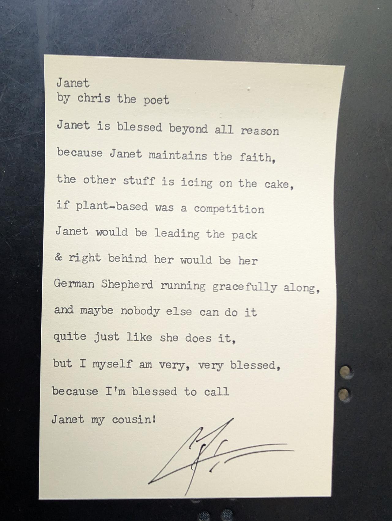 Original typewritten poem Janet by Chris the Poet