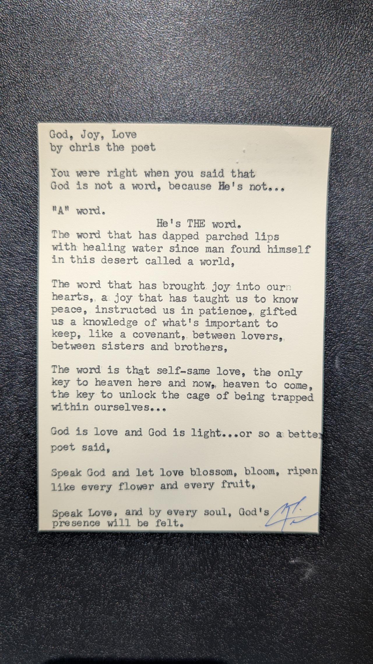 Original typewritten poem God, Joy, Love by Chris the Poet