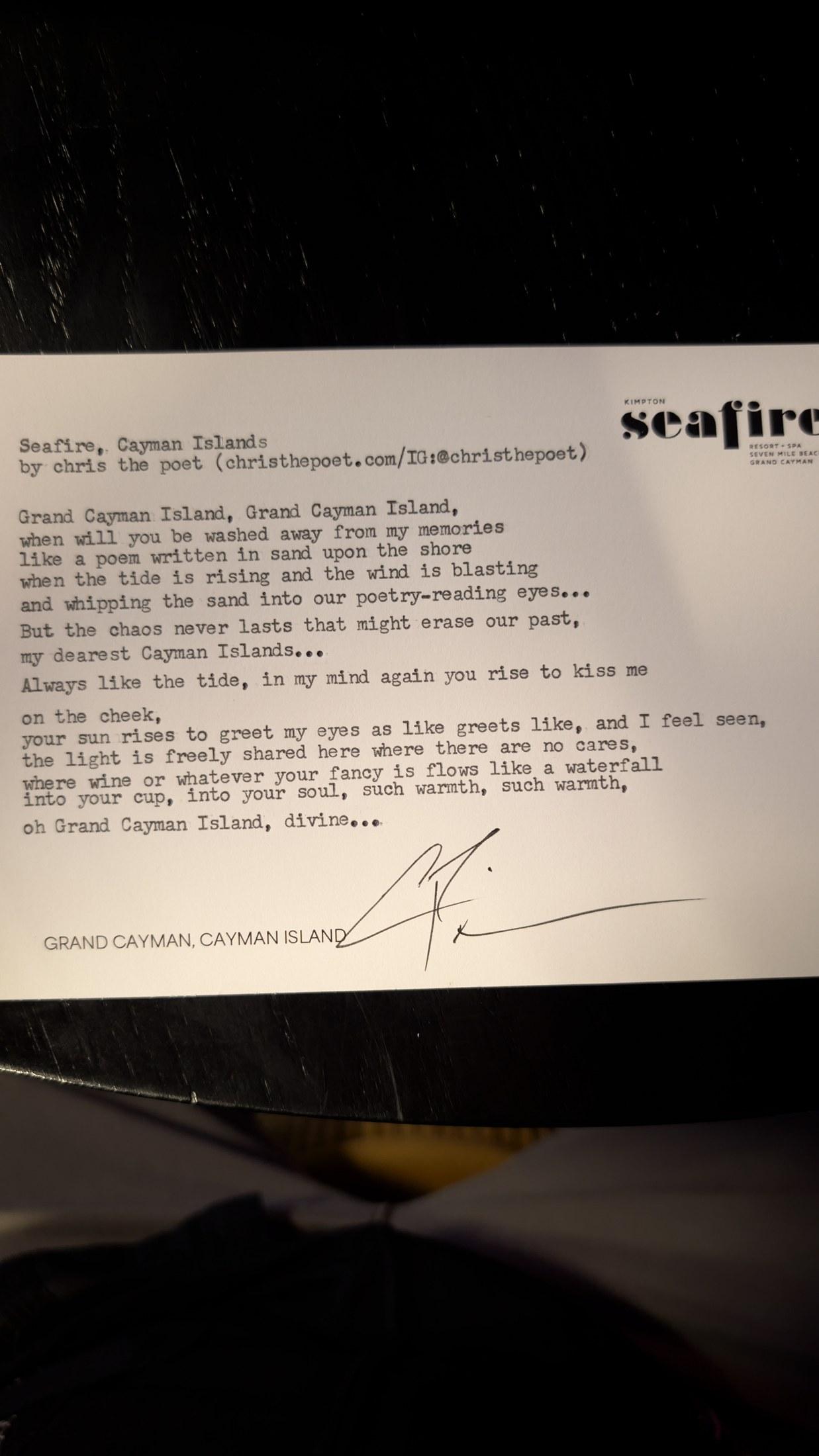 Original typewritten poem Seafire, Cayman Island by Chris the Poet
