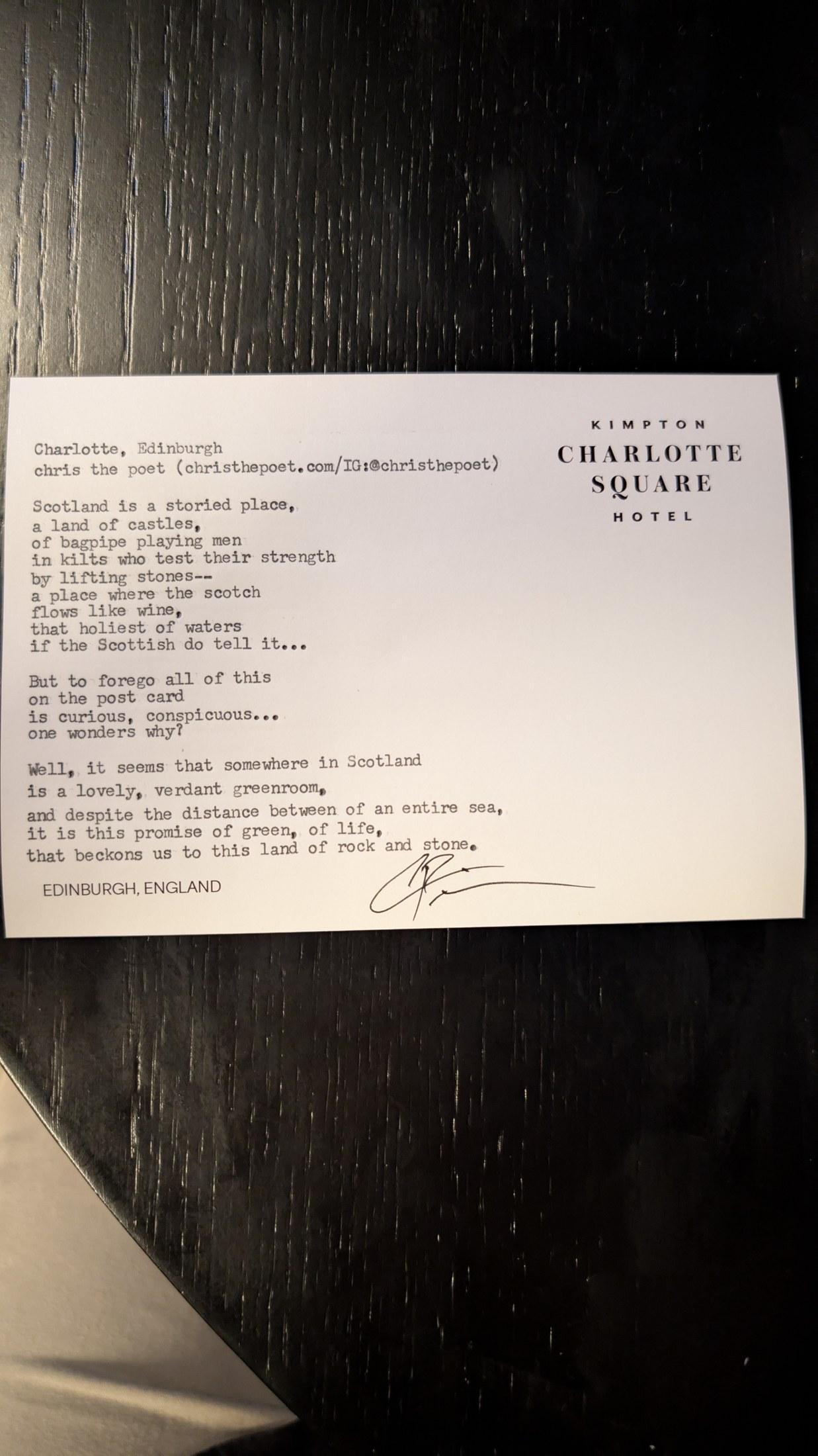 Original typewritten poem Charlotte, Edinburgh by Chris the Poet