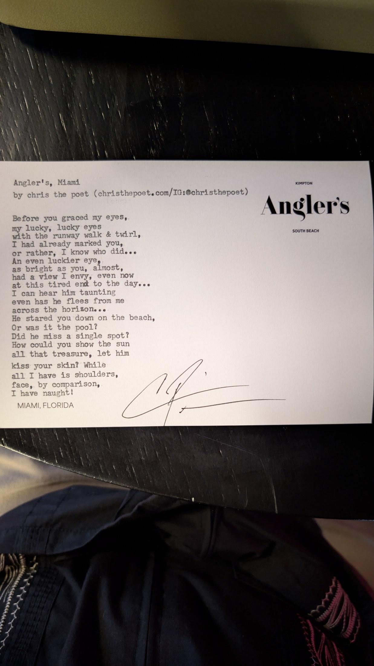 Original typewritten poem Angler's, Miami by Chris the Poet