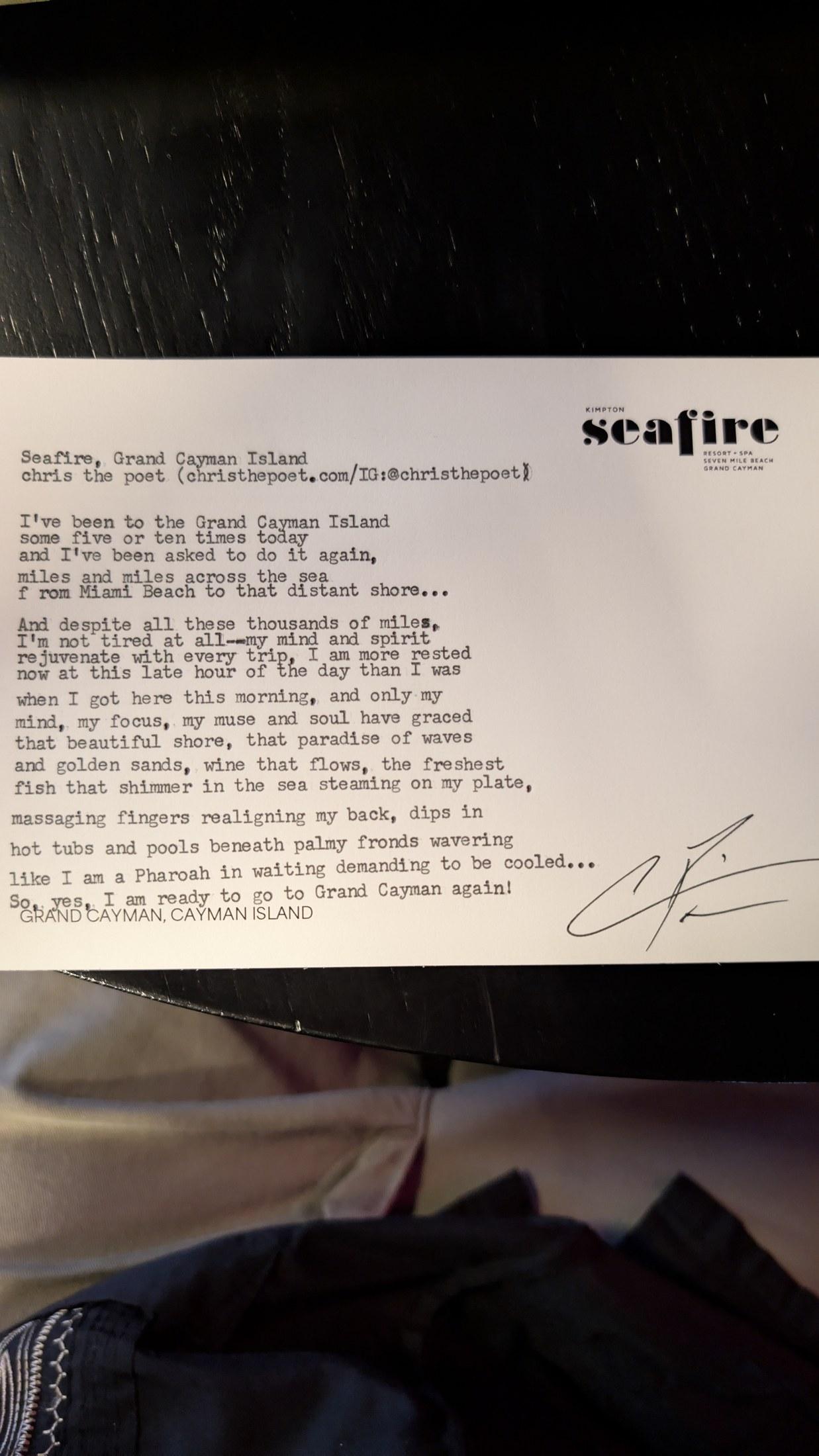 Original typewritten poem Seafire, Grand Cayman Island by Chris the Poet