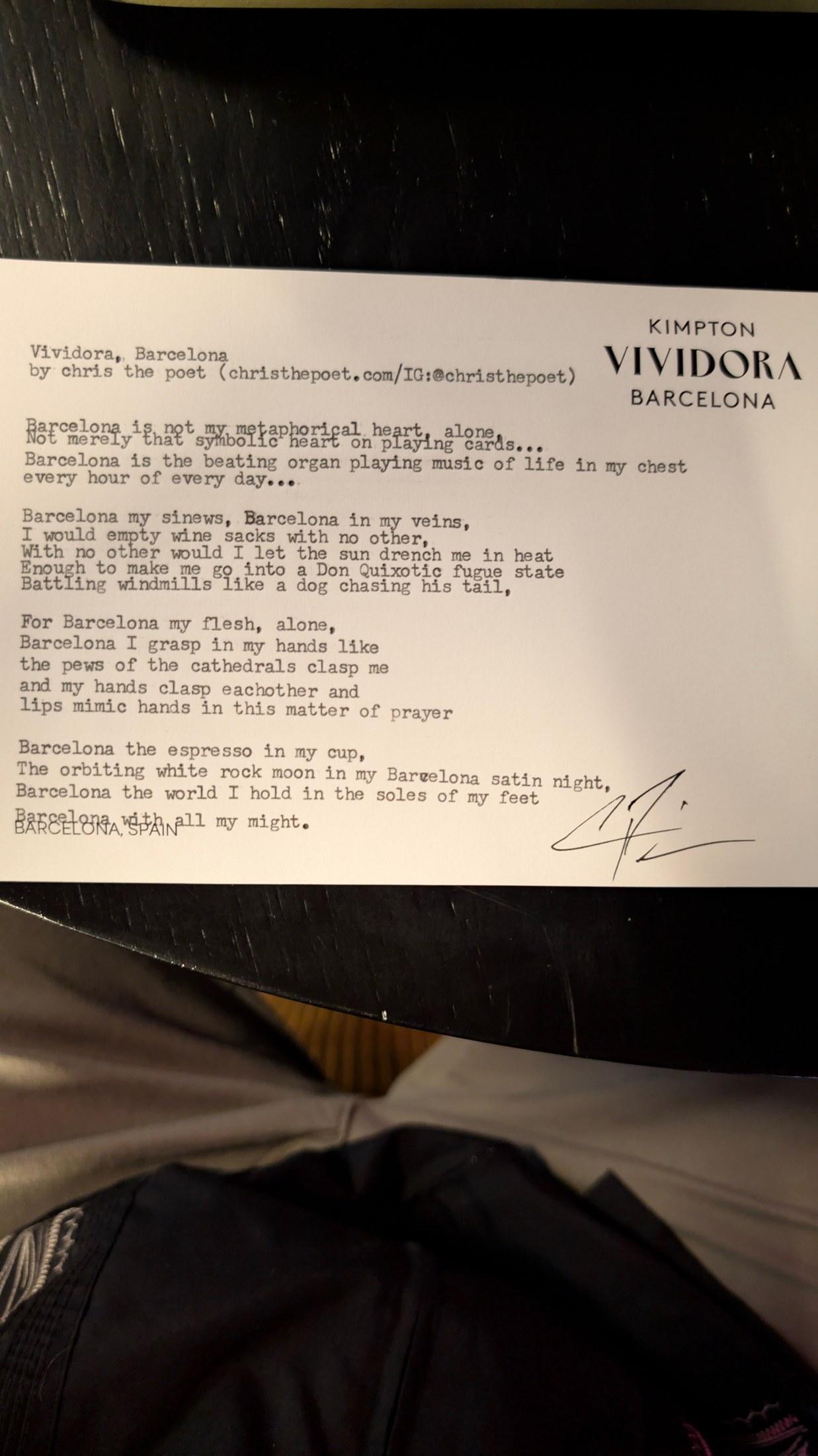 Original typewritten poem Vividora, Barcelona by Chris the Poet