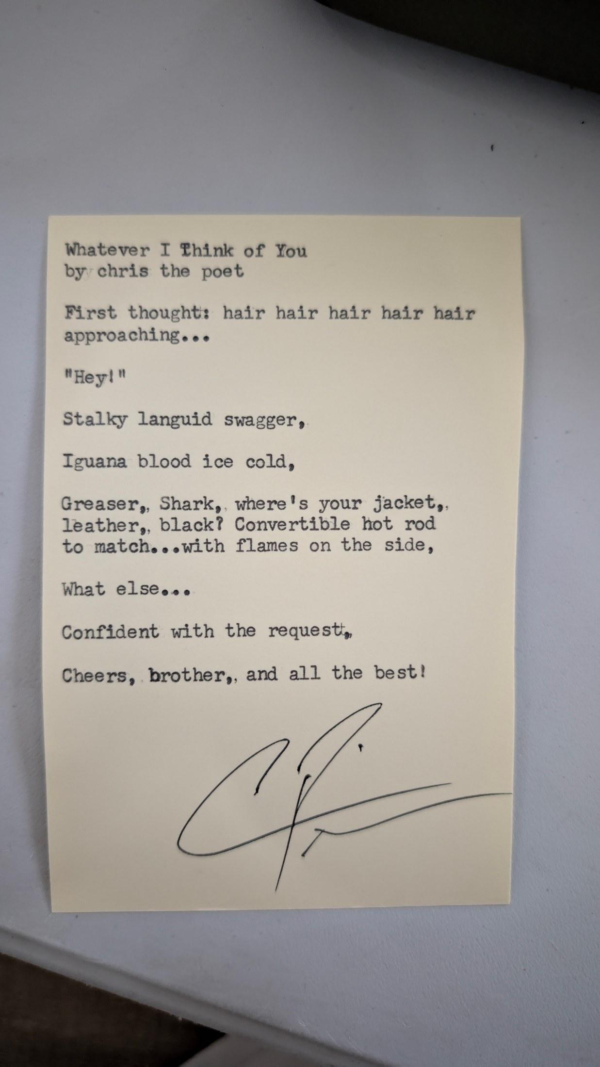 Original typewritten poem Whatever I Think of You by Chris the Poet