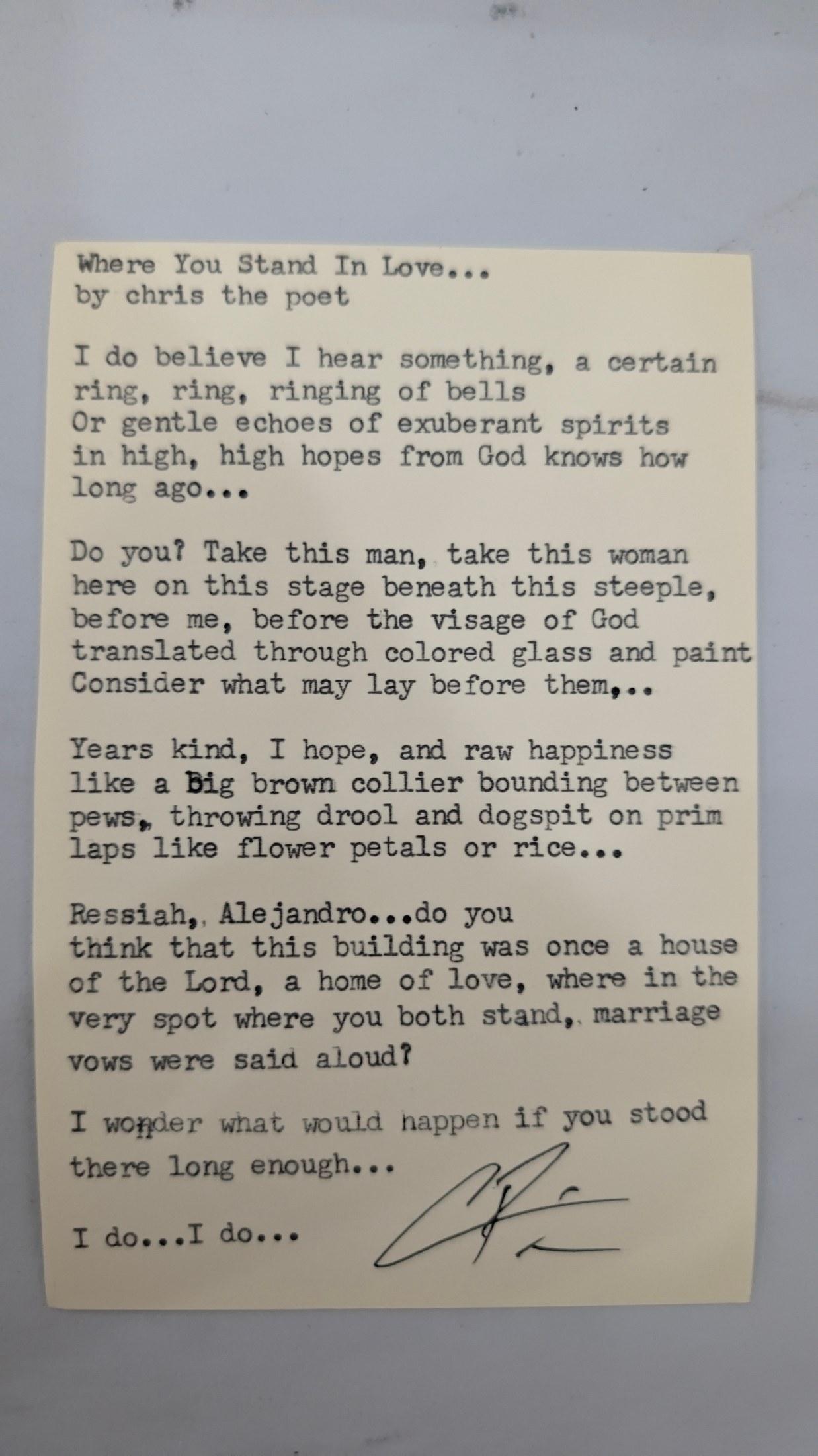 Original typewritten poem Where You Stand In Love... by Chris the Poet