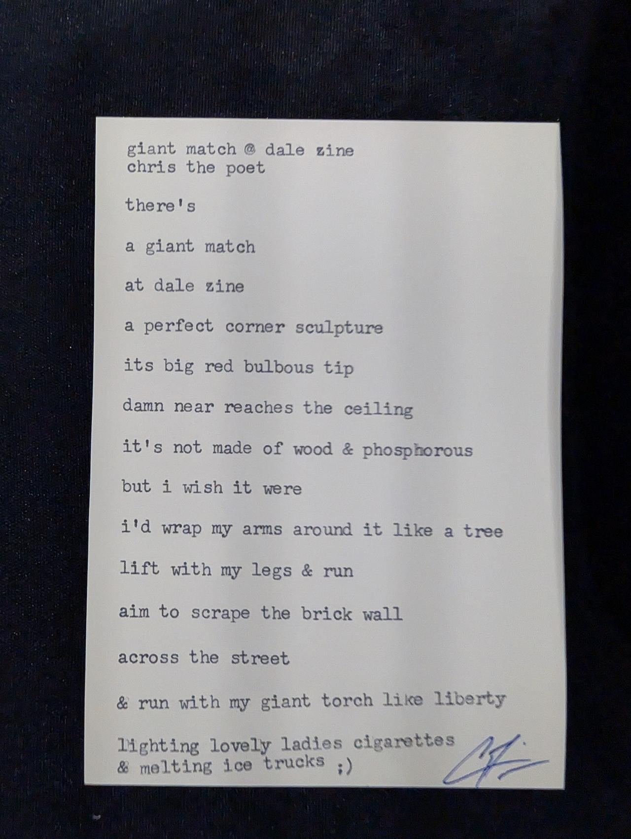 Original typewritten poem giant match @ dale zine by Chris the Poet