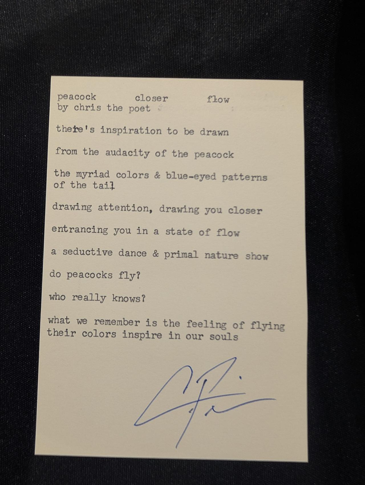 Original typewritten poem peacock closer flow by Chris the Poet