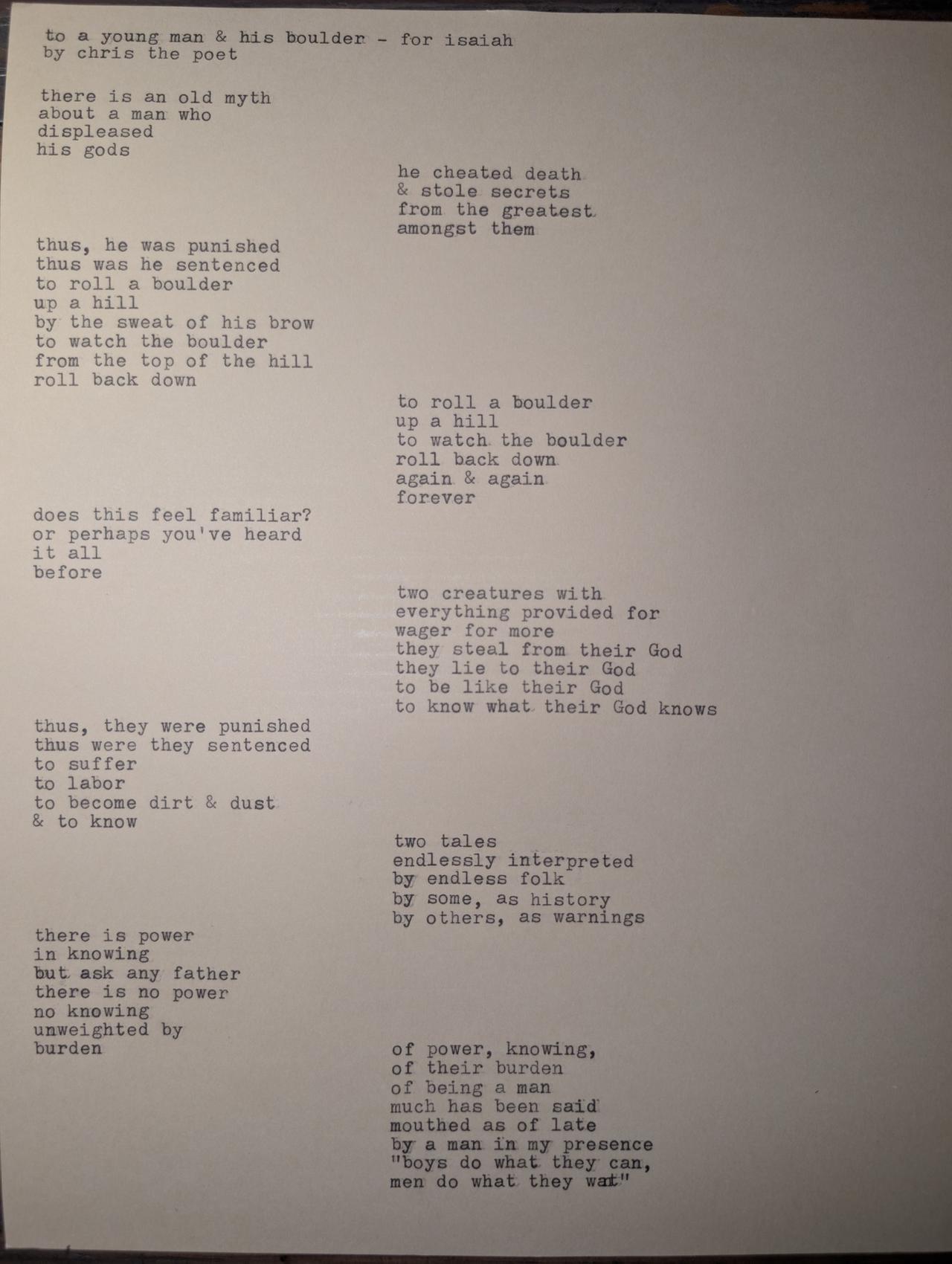 Original typewritten poem to a young man & his boulder - for Isaiah by Chris the Poet