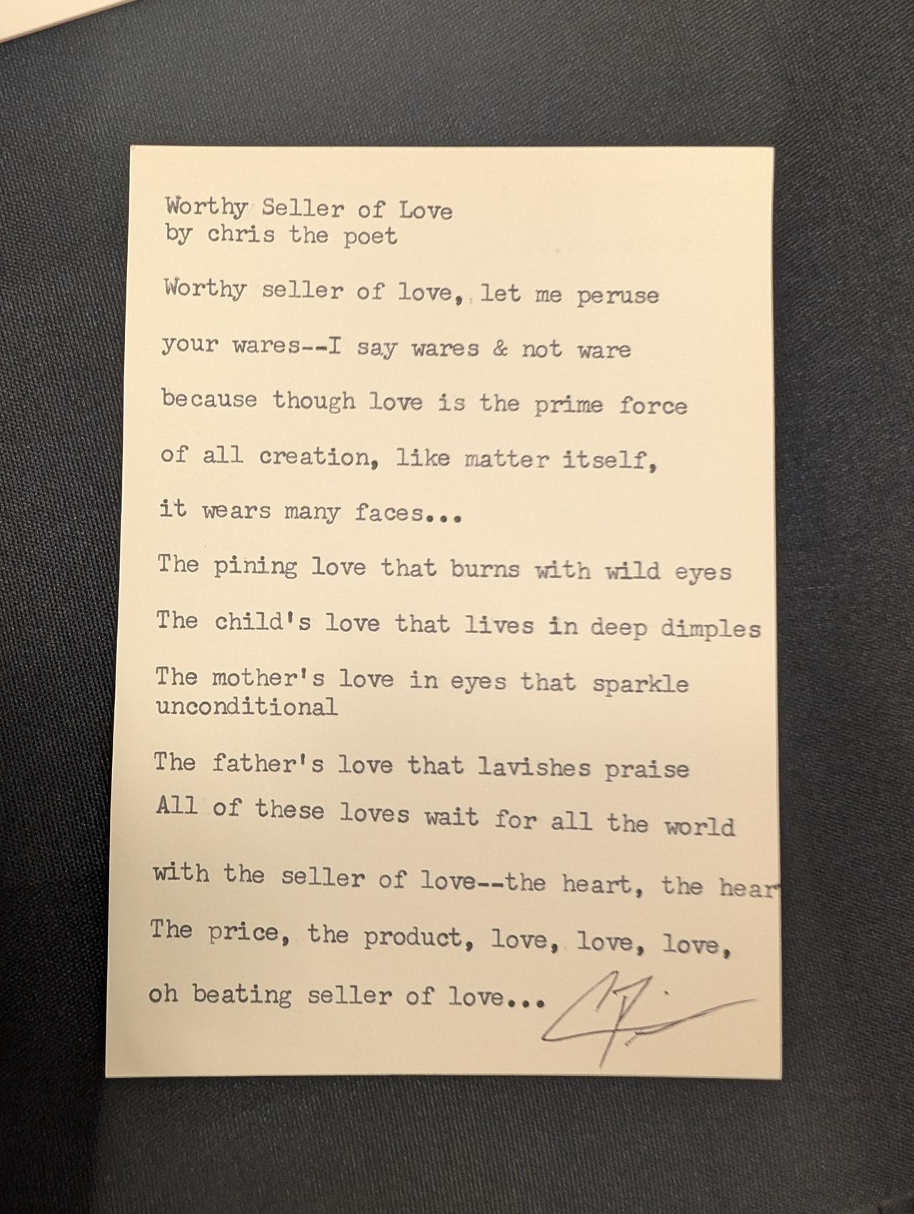 Original typewritten poem Worthy Seller of Love by Chris the Poet