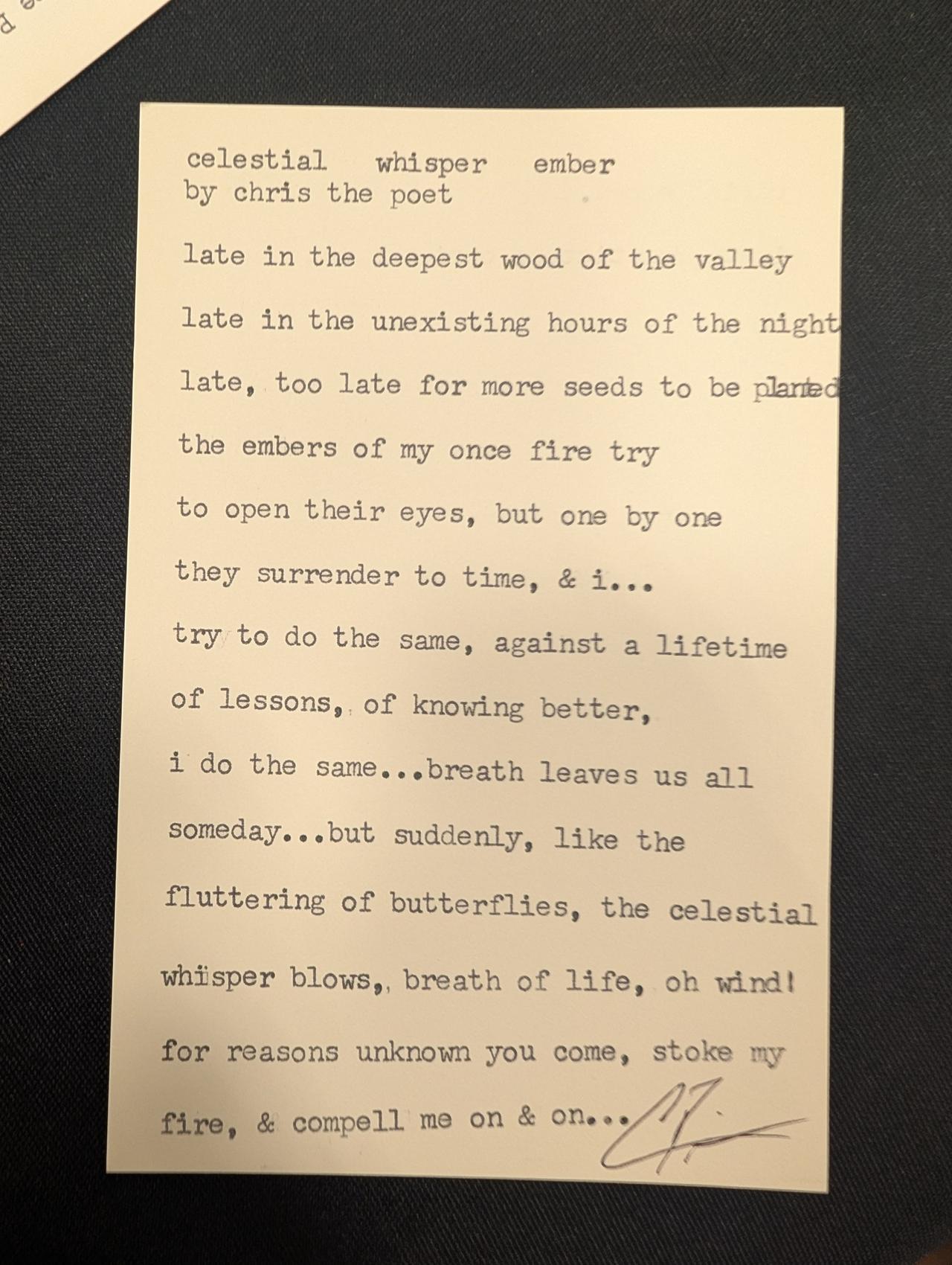 Original typewritten poem celestial whisper ember by Chris the Poet