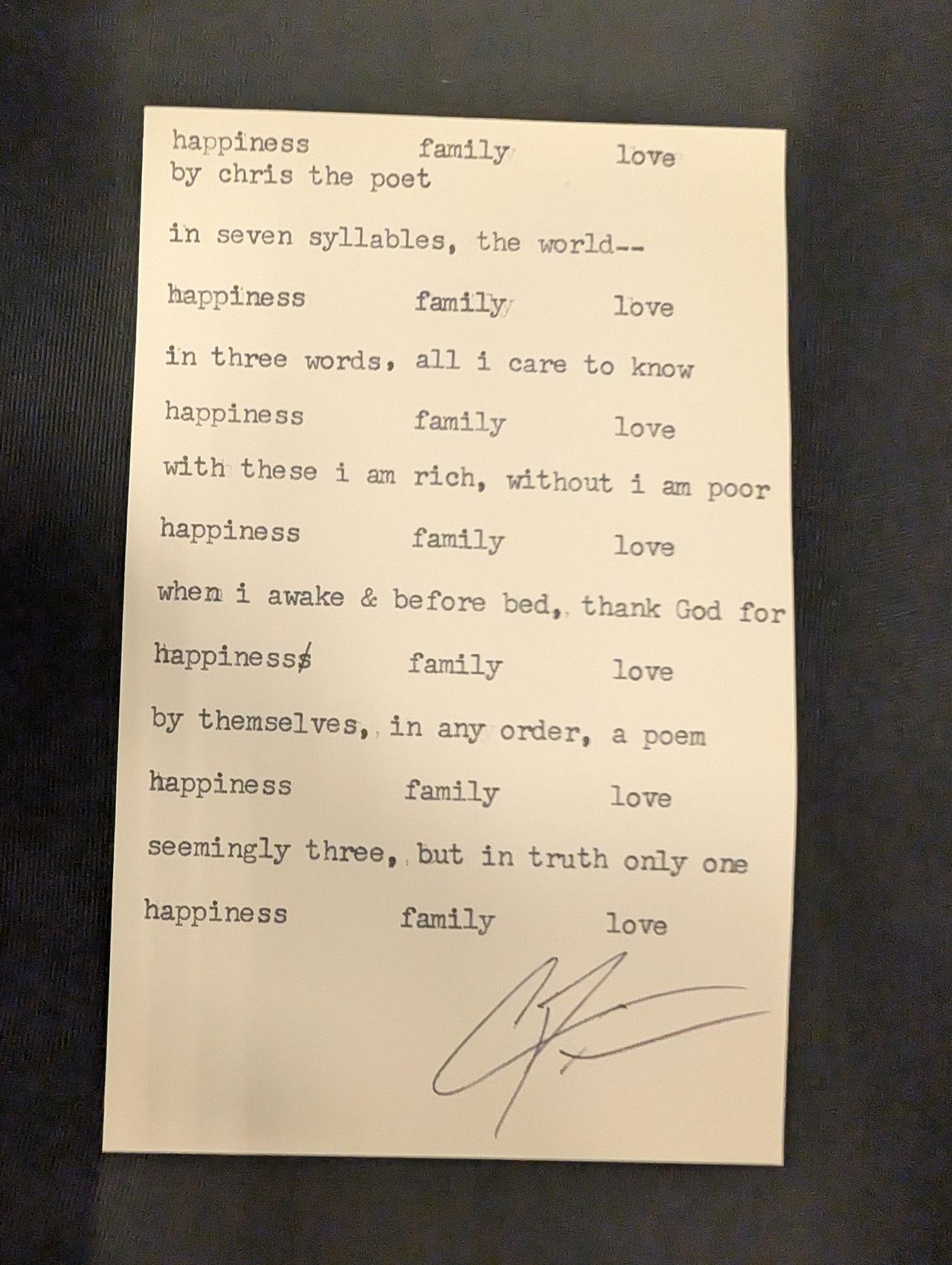 Original typewritten poem happiness family love by Chris the Poet