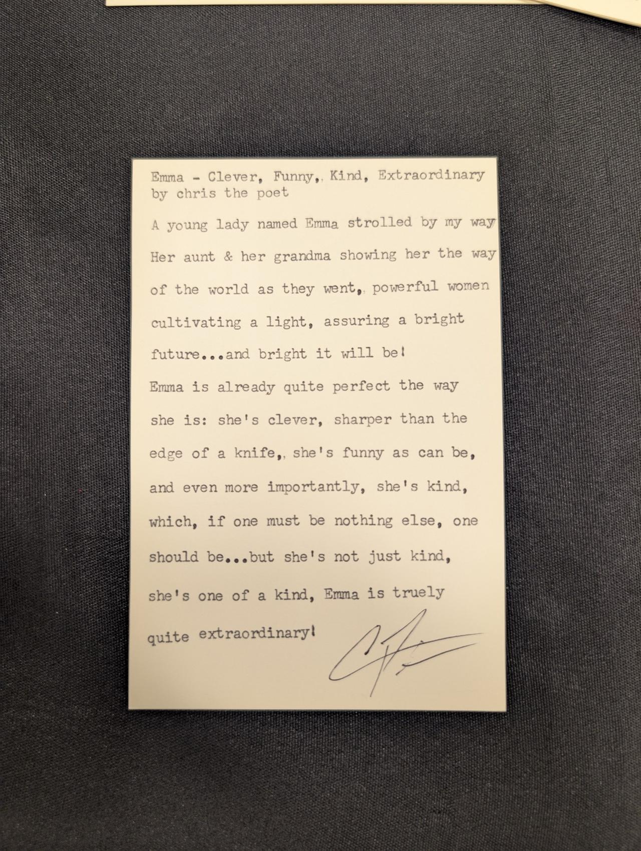 Original typewritten poem Emma - Clever, Funny, Kind, Extraordinary by Chris the Poet