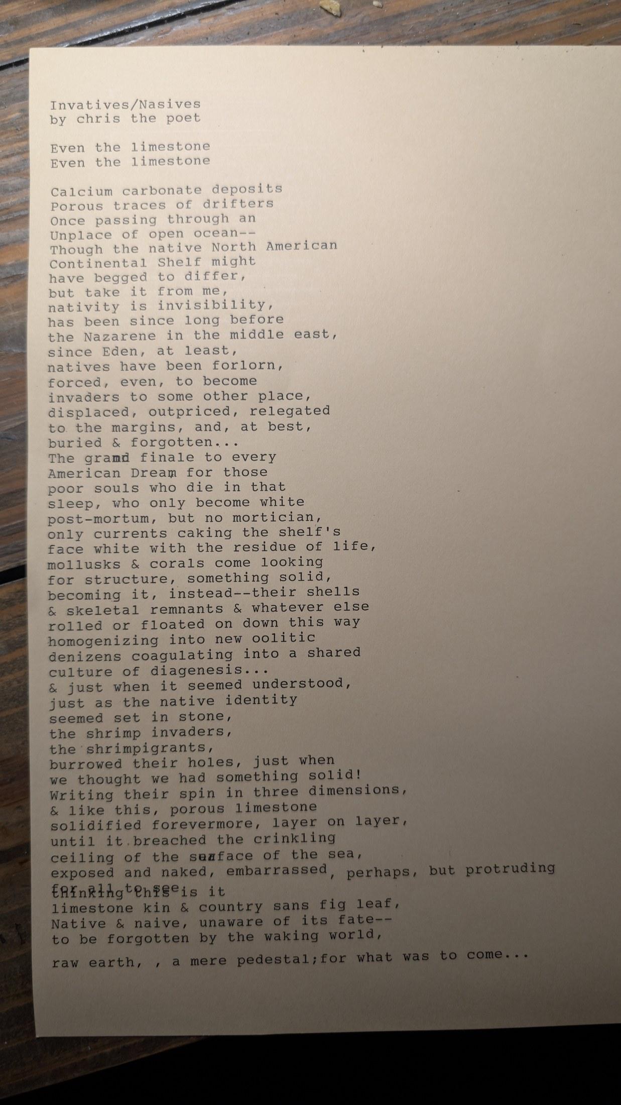 Original typewritten poem Invatives/Nasives by Chris the Poet
