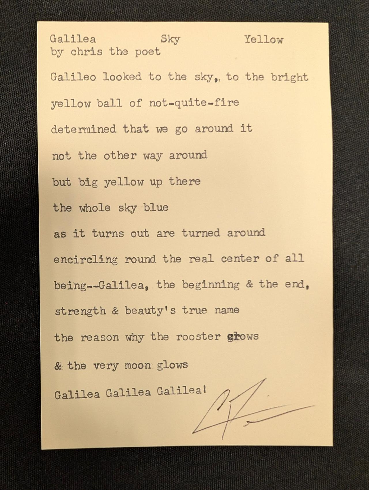 Original typewritten poem Galilea Sky Yellow by Chris the Poet