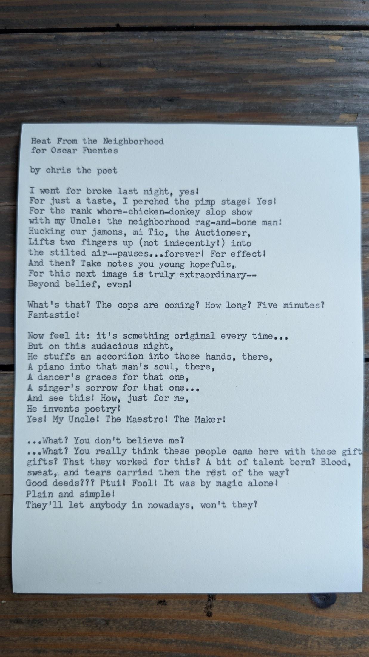 Original typewritten poem Heat From The Neighborhood For Cesar Puentes by Chris the Poet
