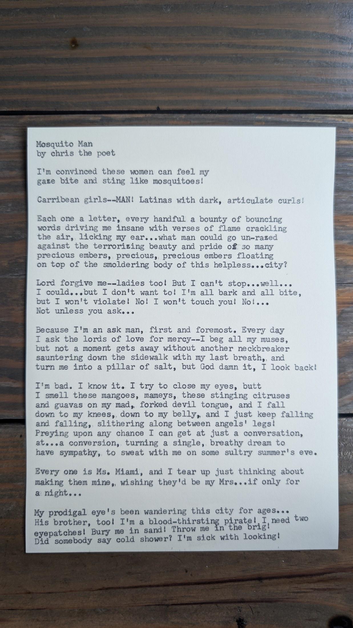 Original typewritten poem Mosquito Man by Chris the Poet
