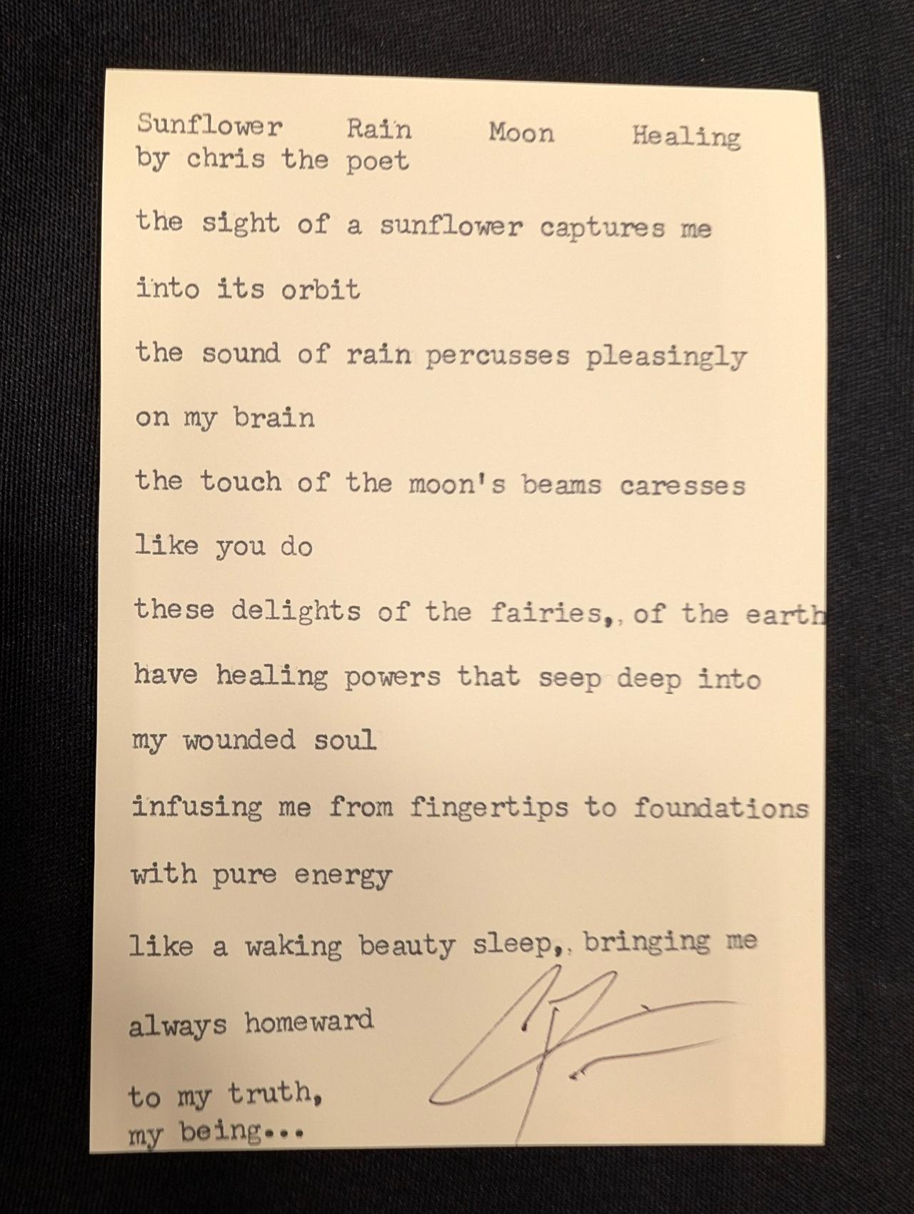 Original typewritten poem Sunflower Rain Moon Healing by Chris the Poet
