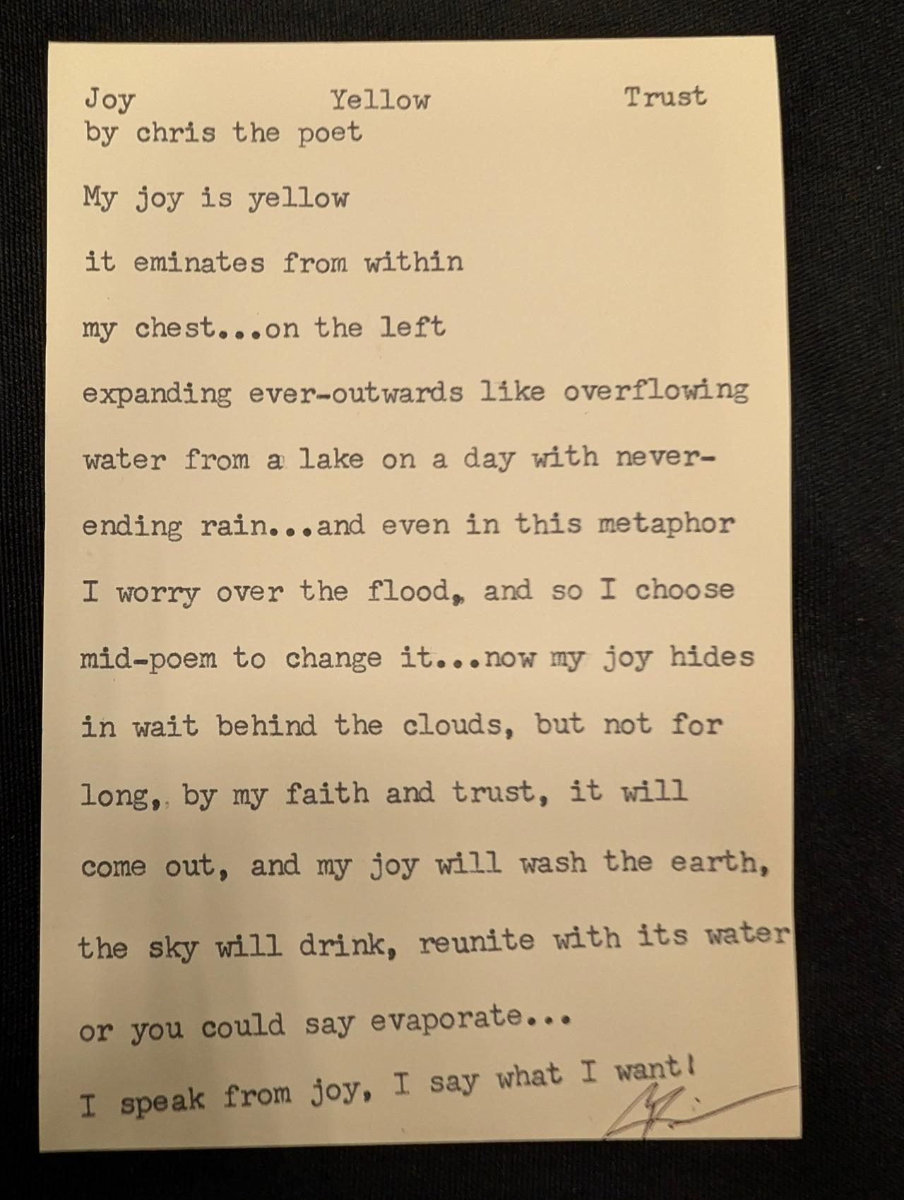 Original typewritten poem Joy Yellow Trust by Chris the Poet