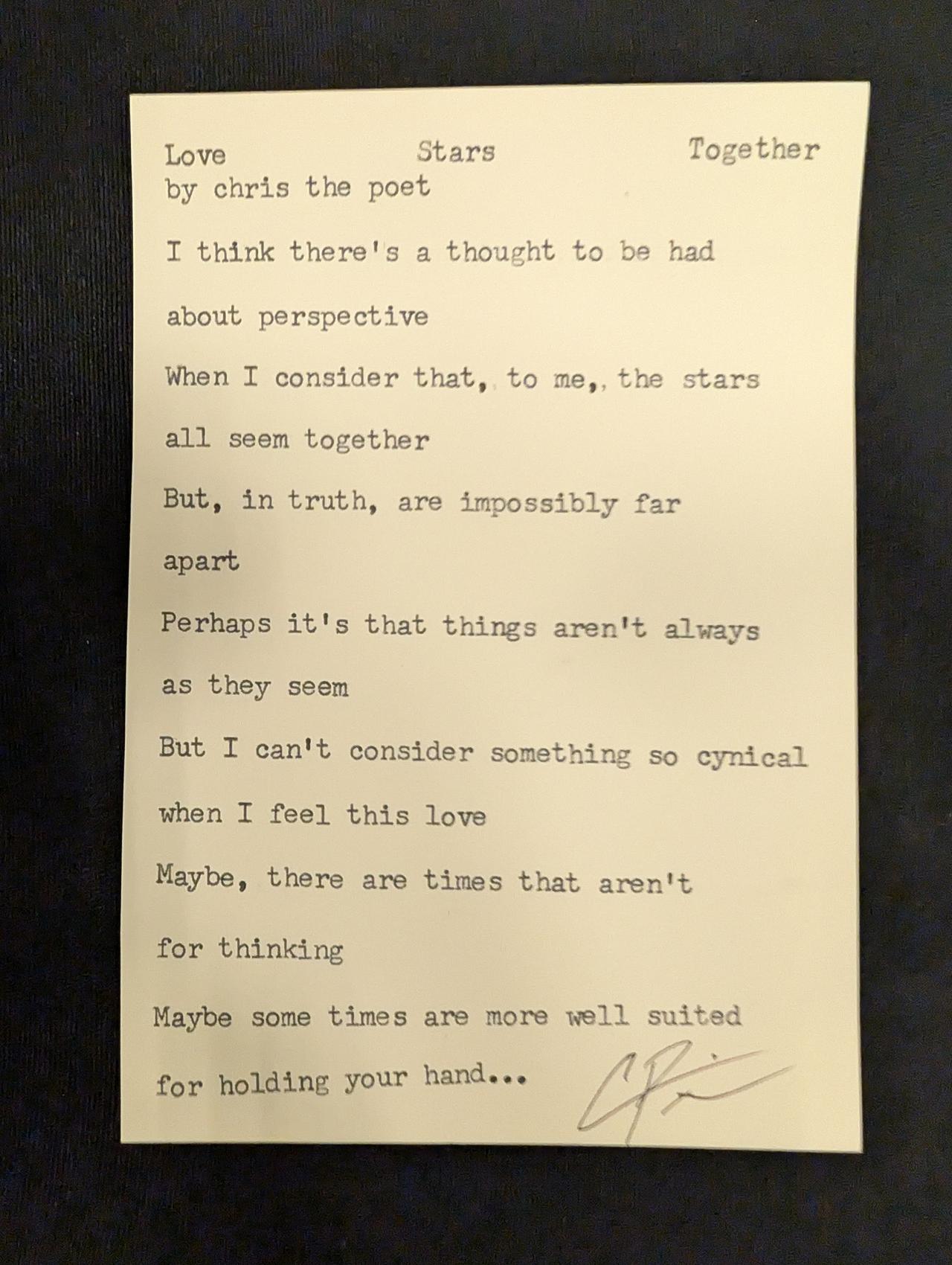 Original typewritten poem Love Stars Together by Chris the Poet