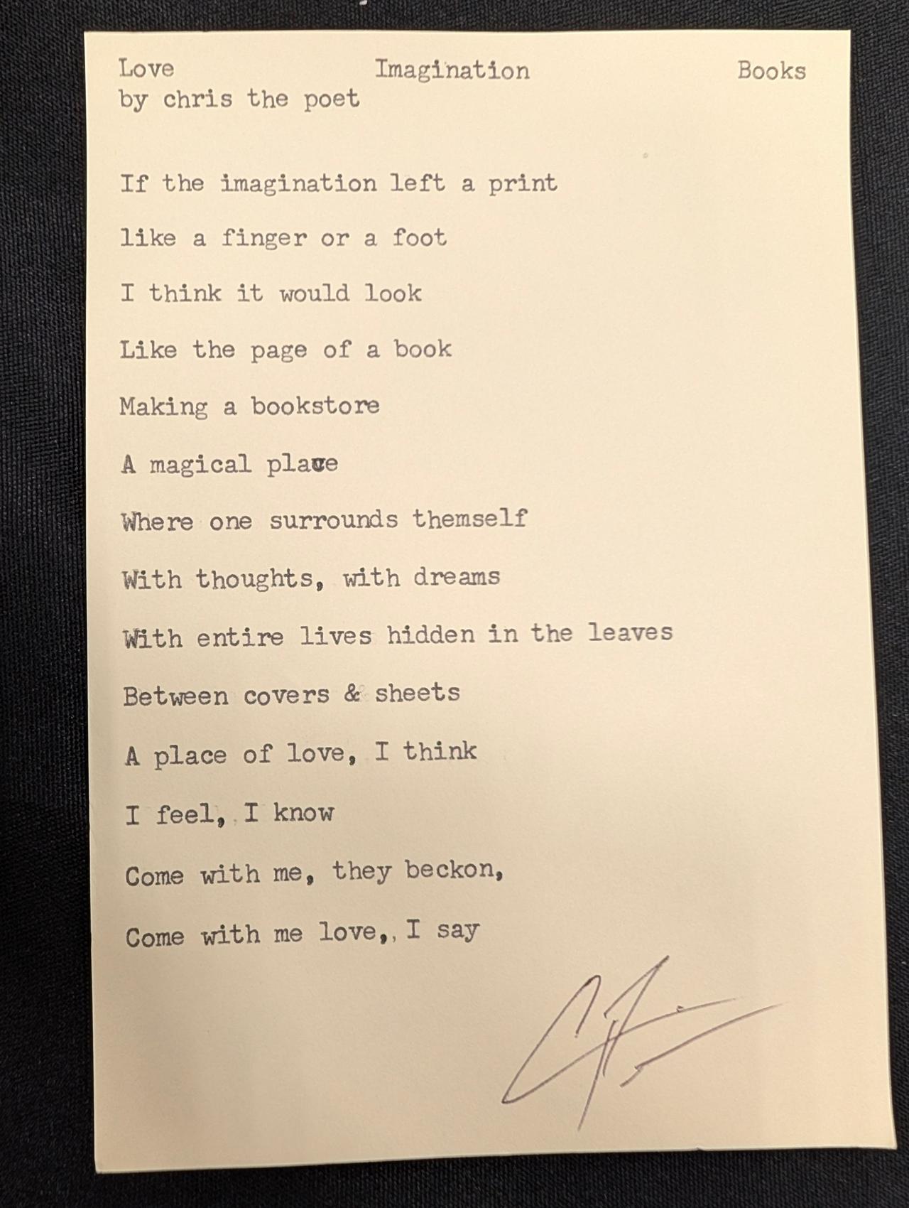 Original typewritten poem Love Imagination Books by Chris the Poet