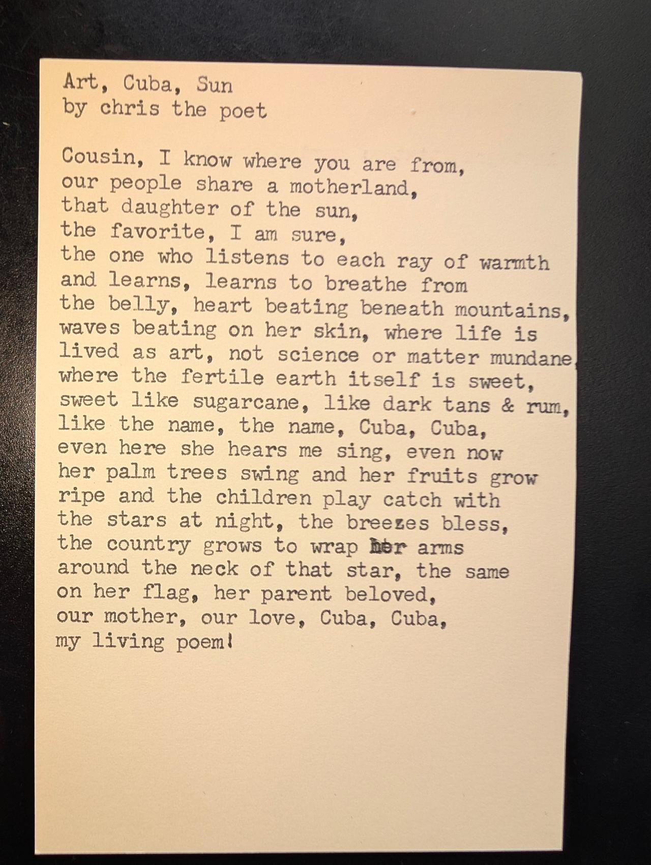 Original typewritten poem Art, Cuba, Sun by Chris the Poet
