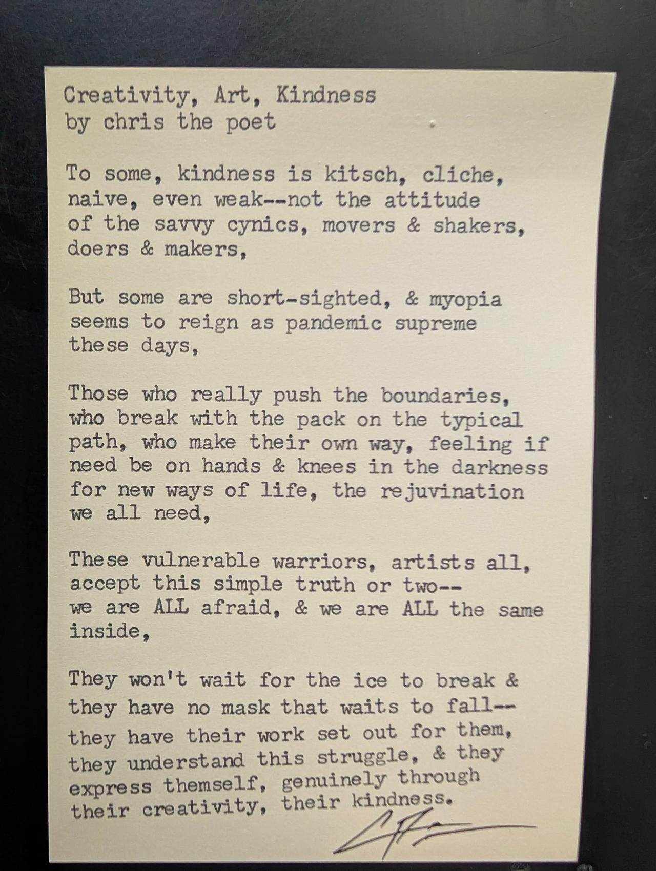 Original typewritten poem Creativity, Art, Kindness by Chris the Poet