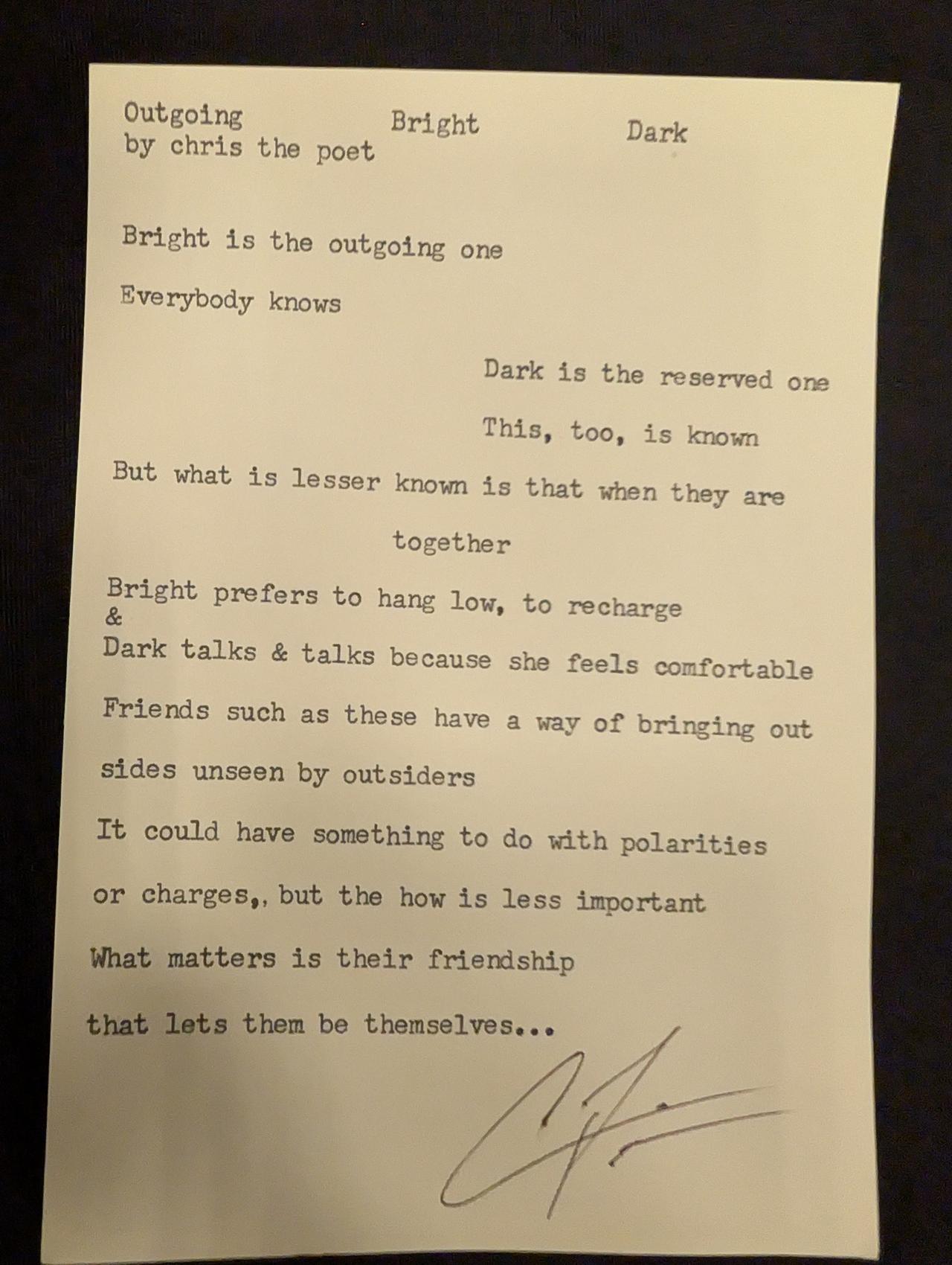 Original typewritten poem Outgoing Bright Dark by Chris the Poet