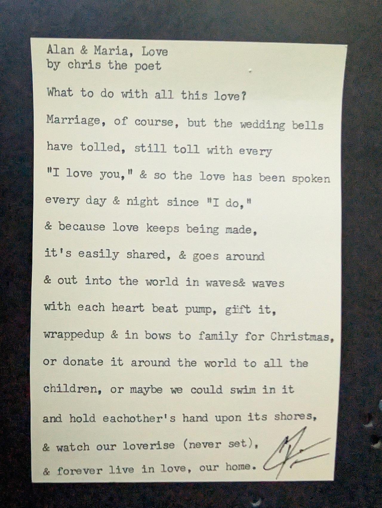 Original typewritten poem Alan & Maria, Love by Chris the Poet