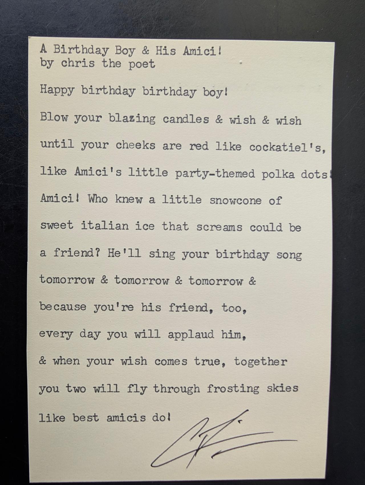 Original typewritten poem A Birthday Boy & His Antic! by Chris the Poet