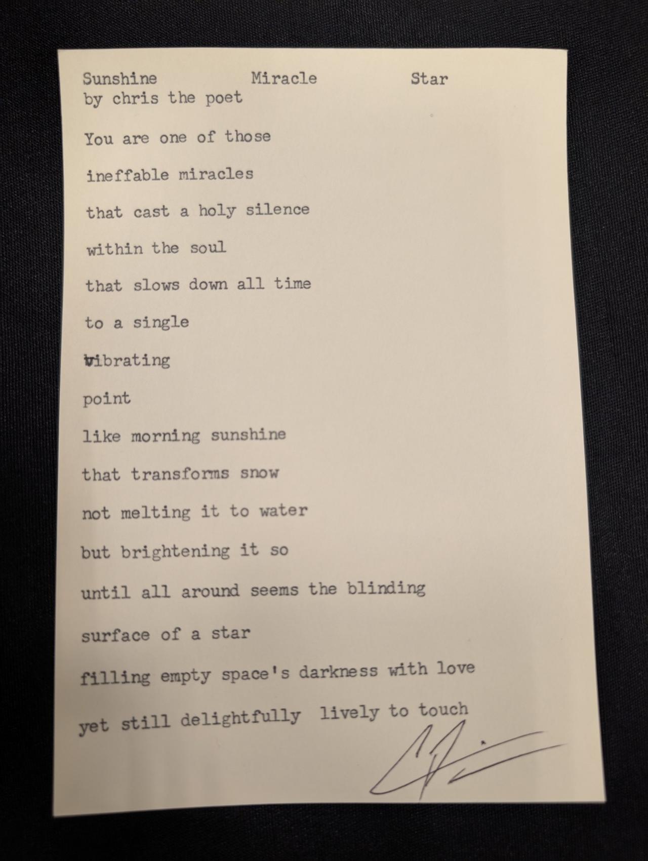 Original typewritten poem Sunshine Miracle Star by Chris the Poet
