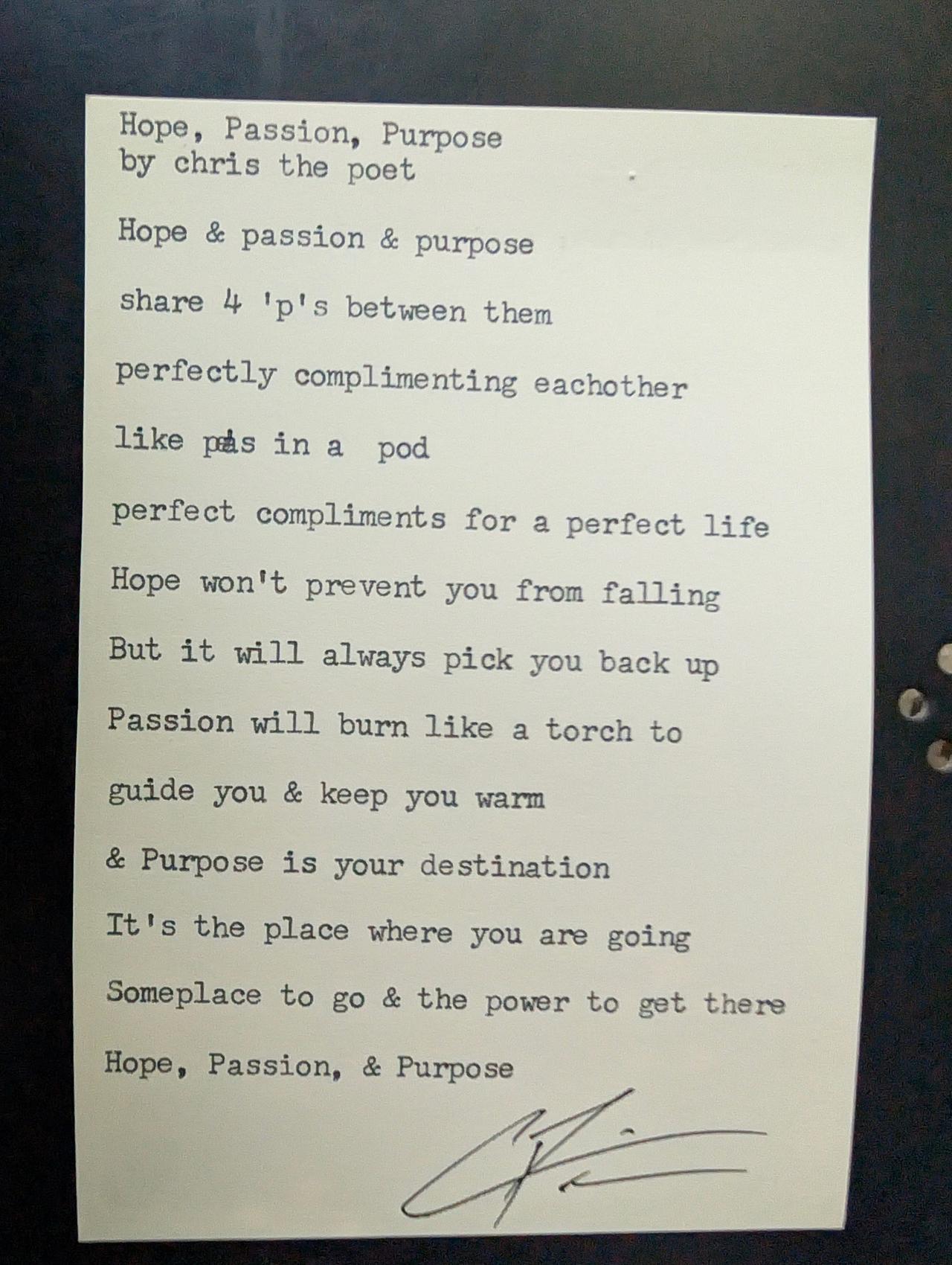 Original typewritten poem Hope, Passion, Purpose by Chris the Poet