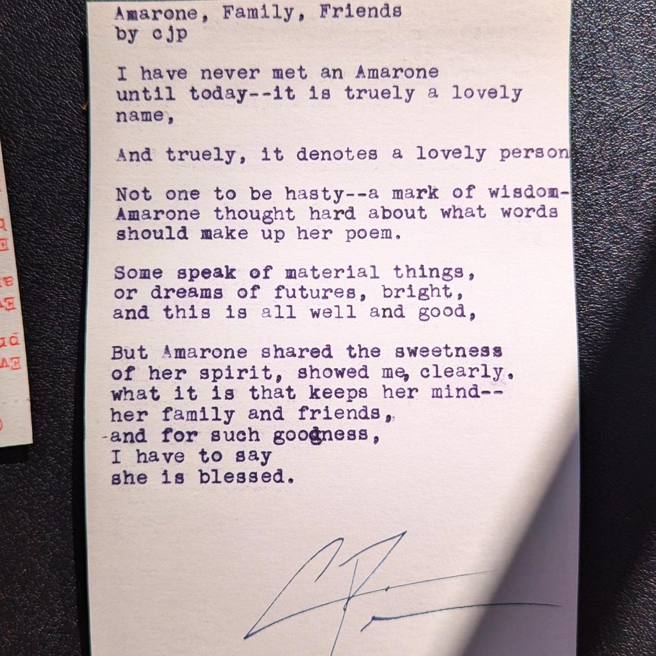 Original typewritten poem Amarone, Family, Friends by Chris the Poet