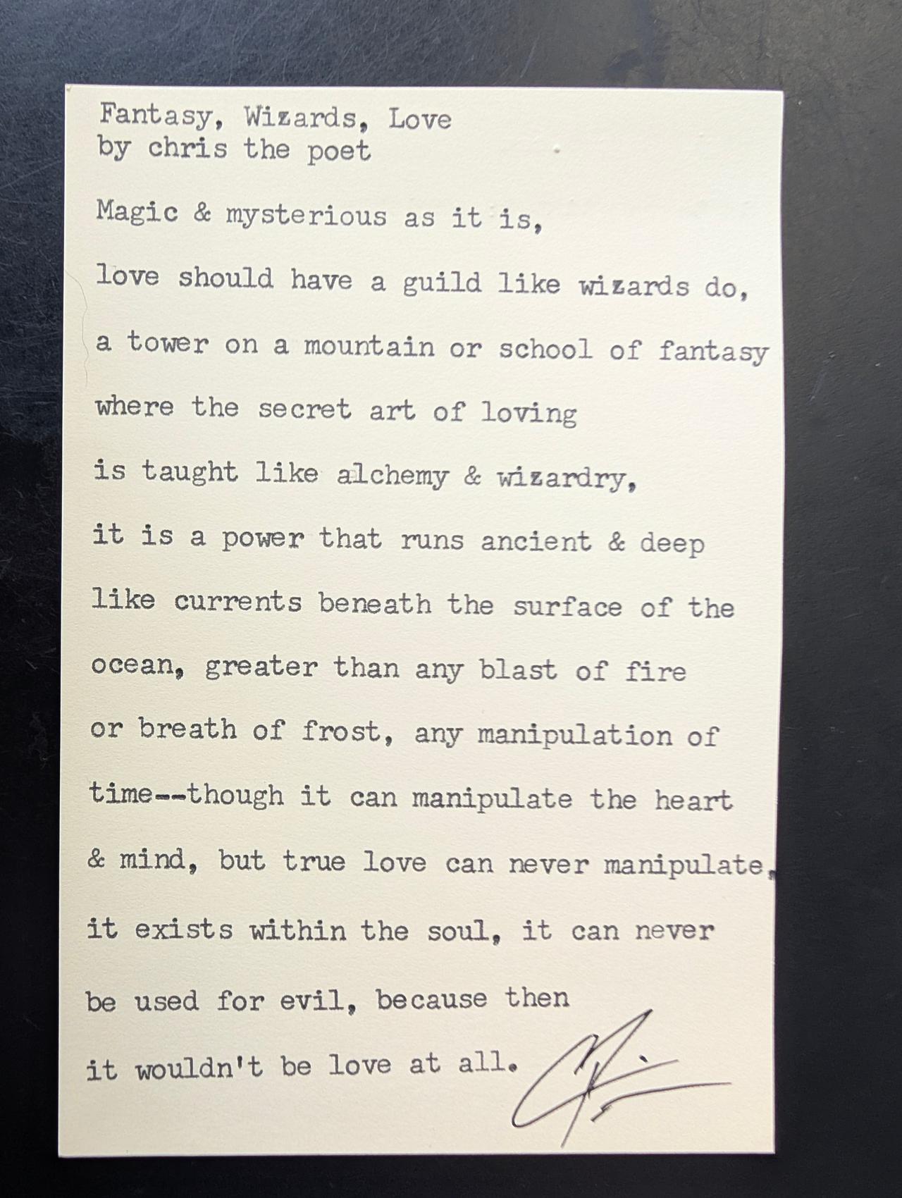 Original typewritten poem Fantasy, Wizards, Love by Chris the Poet