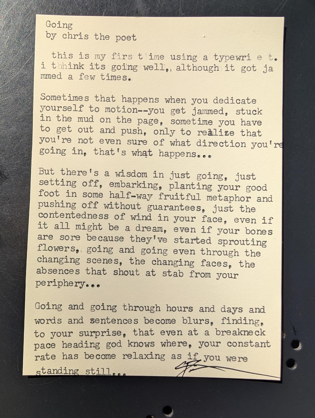 Original typewritten poem Going by Chris the Poet