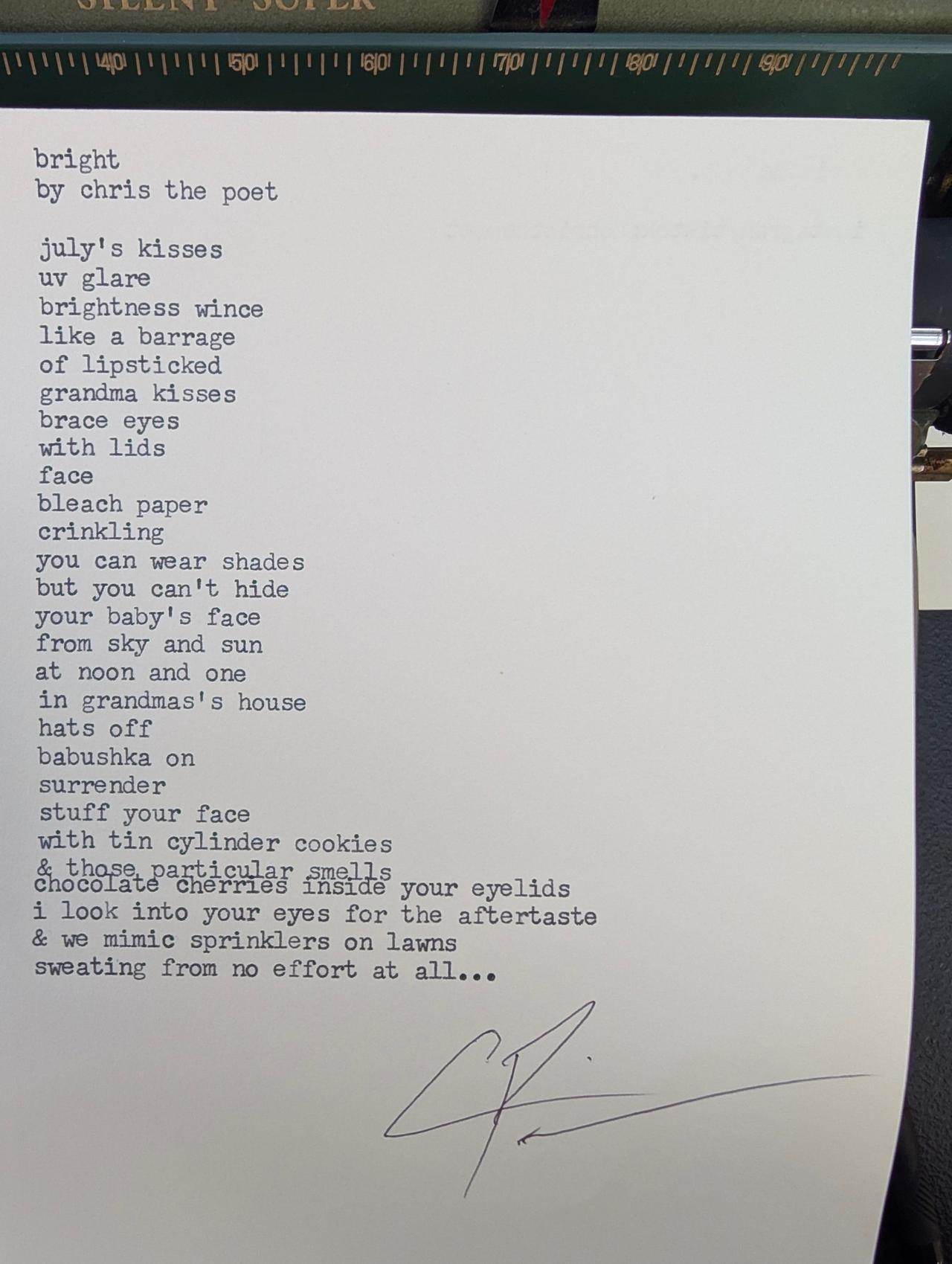 Original typewritten poem bright by Chris the Poet