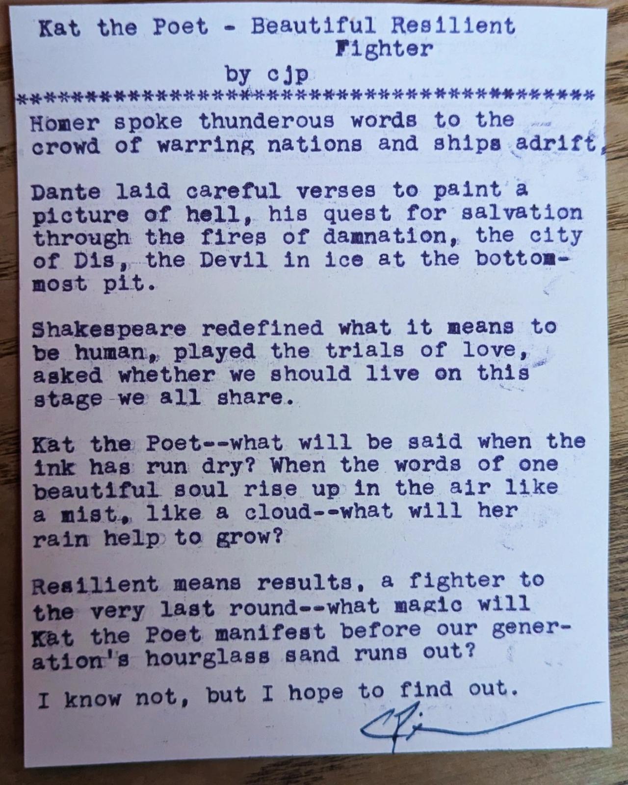 Original typewritten poem Kat the Poet - Beautiful Resilient Fighter by Chris the Poet