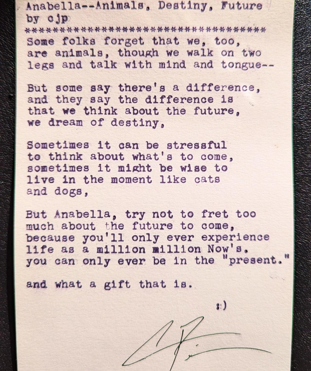 Original typewritten poem Anabella--Animals, Destiny, Future by Chris the Poet
