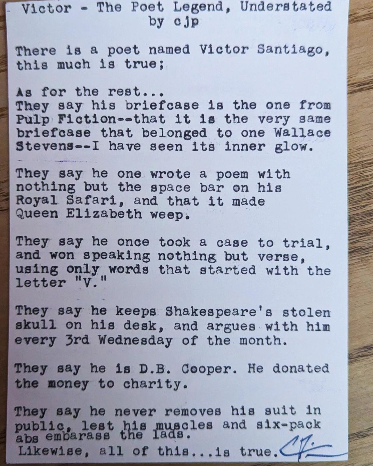 Original typewritten poem Victor - The Poet Legend, Understated by Chris the Poet