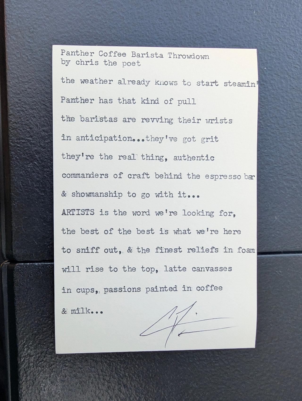 Original typewritten poem Panther Coffee Barista Throwdown by Chris the Poet