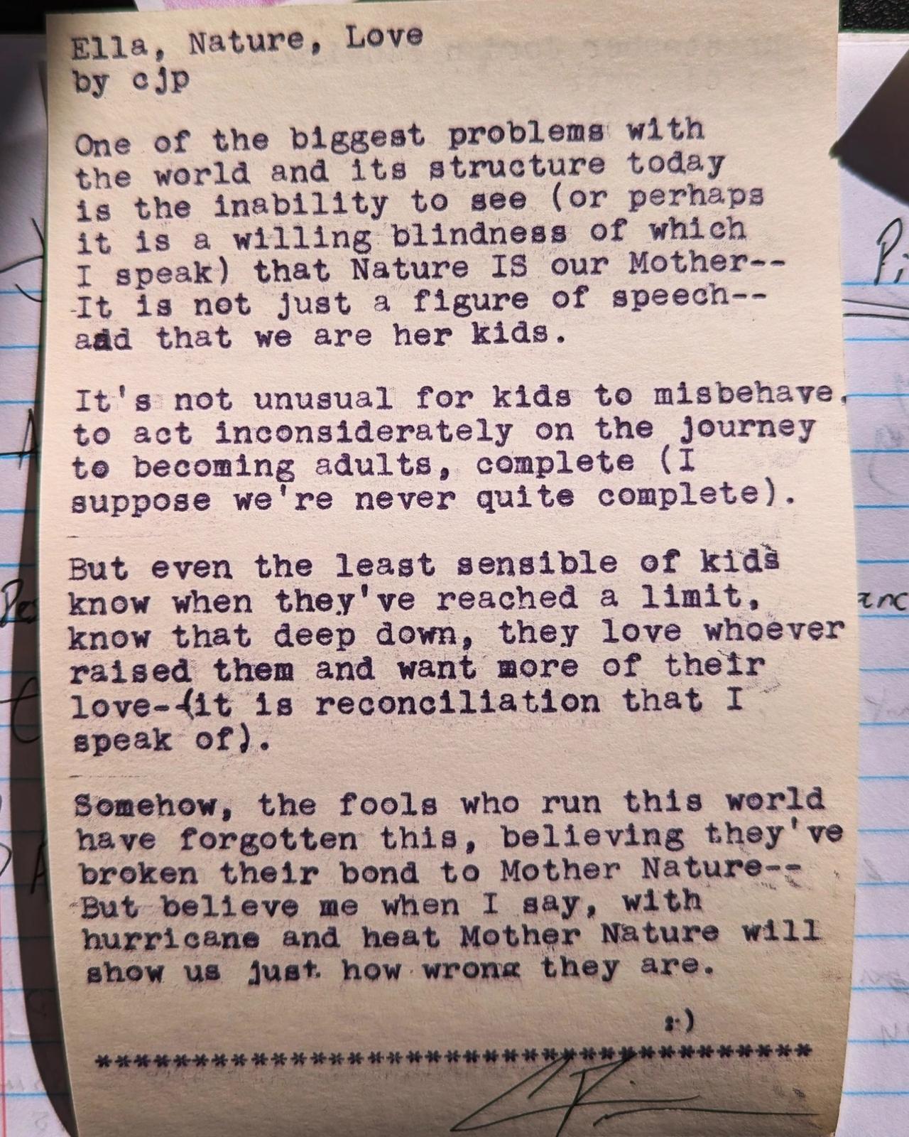 Original typewritten poem Ella, Nature, Love by Chris the Poet