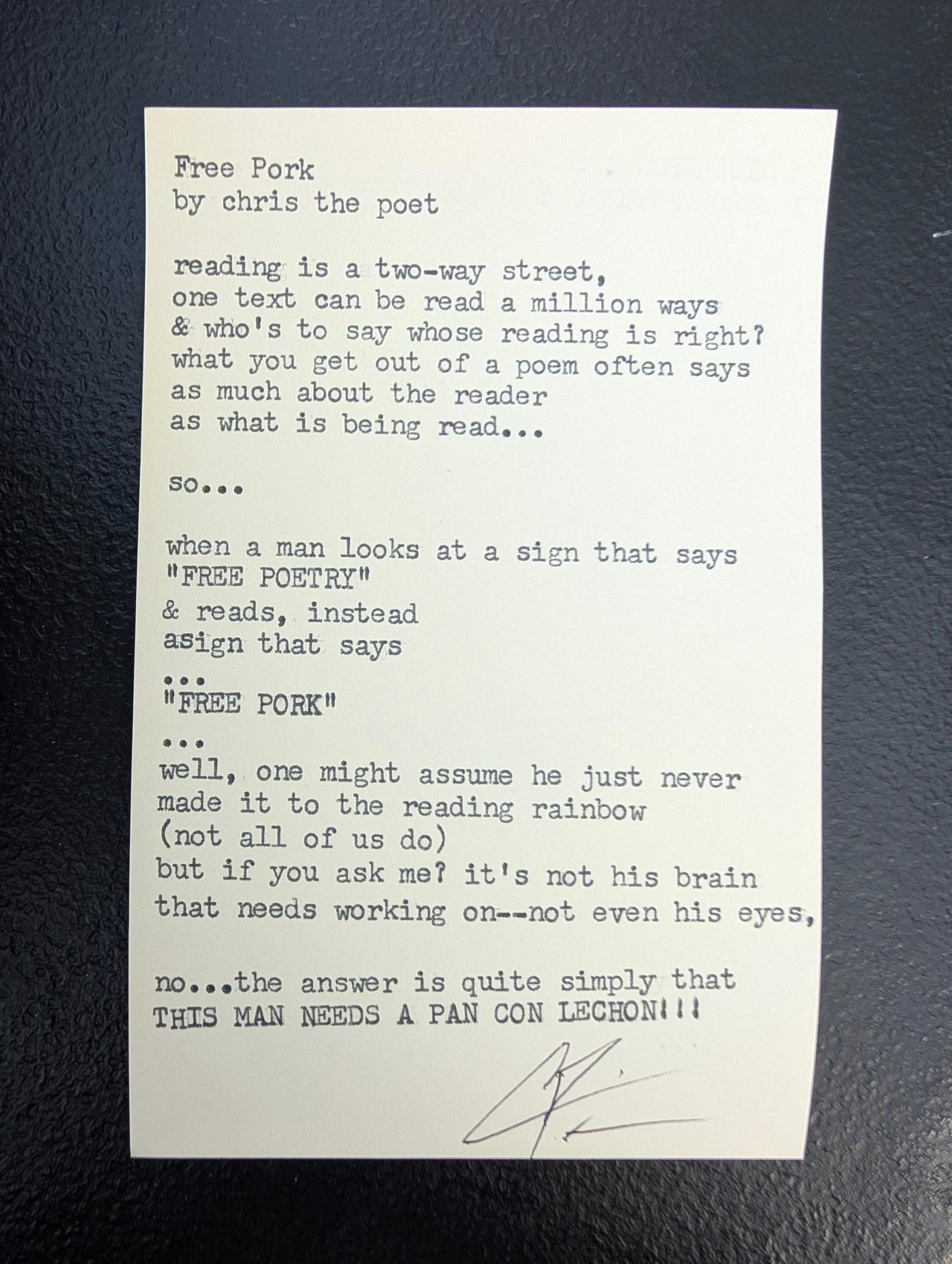 Original typewritten poem Free Pork by Chris the Poet