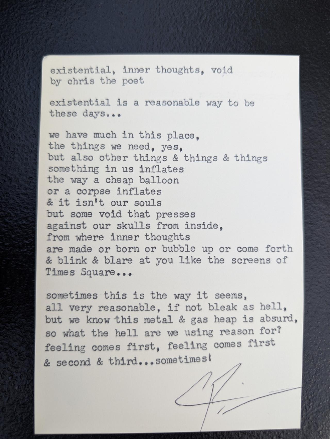 Original typewritten poem existential, inner thoughts, void by Chris the Poet