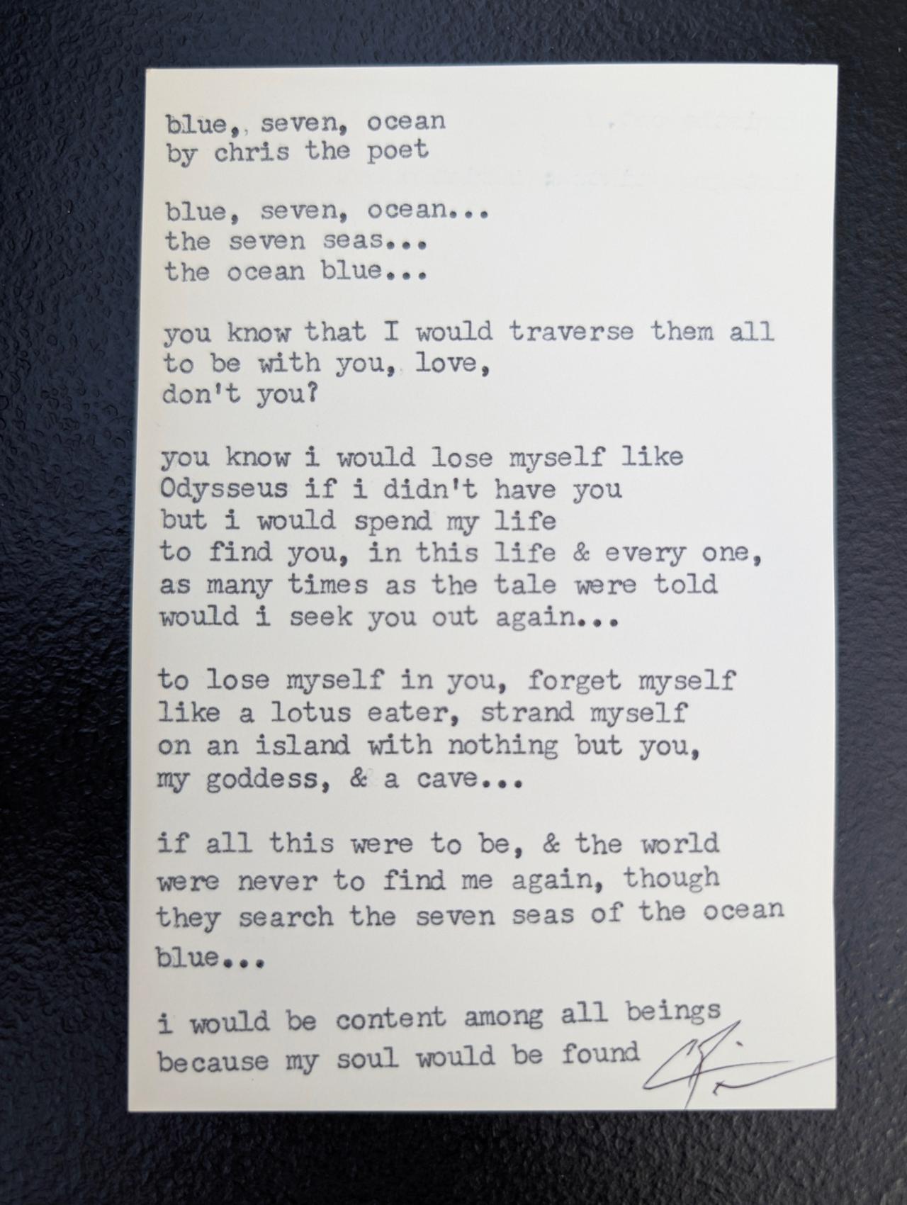 Original typewritten poem blue, seven, ocean by Chris the Poet