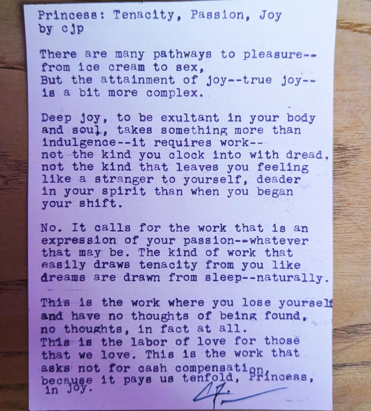 Original typewritten poem Princess: Tenacity, Passion, Joy by Chris the Poet